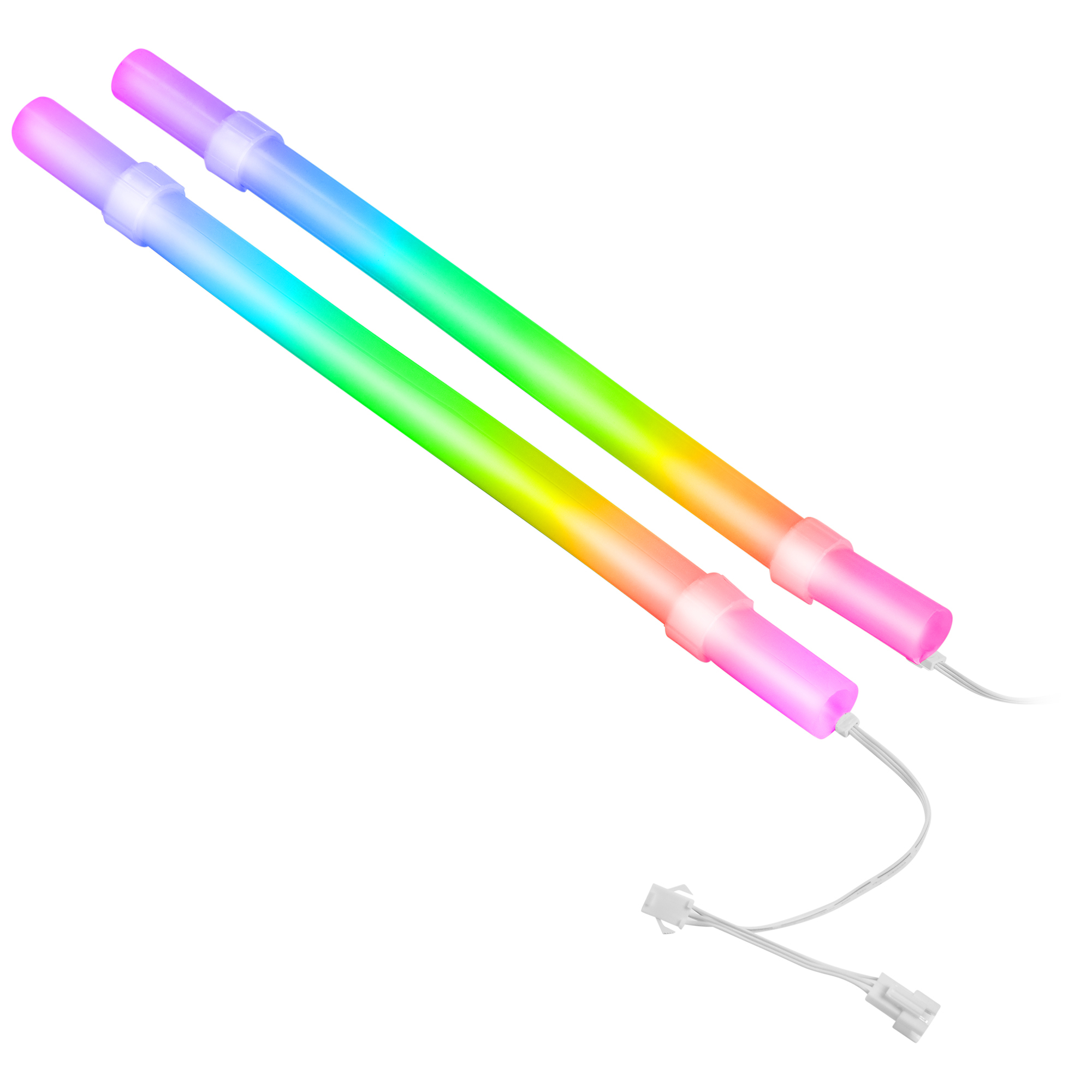 Dos tubos de luz LED RGB en colores del arcoíris, con conectores y cables blancos.