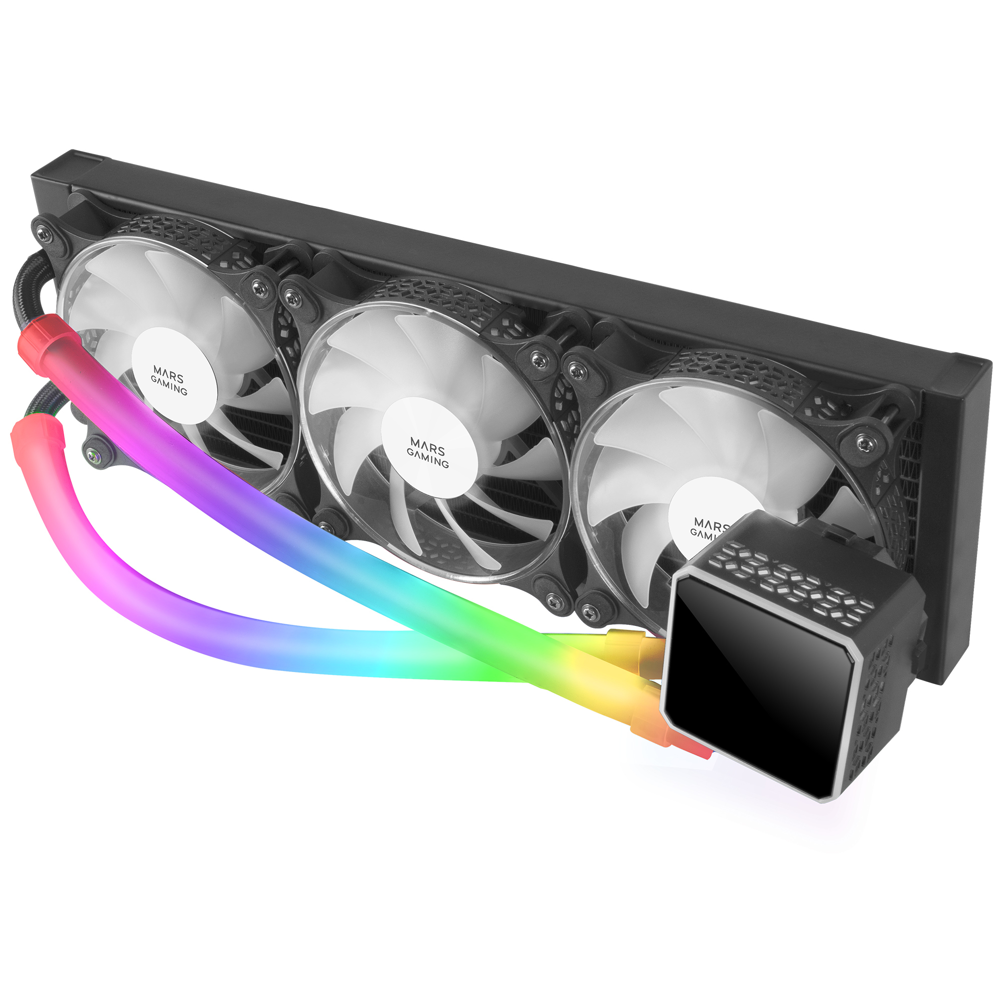 Sistema de refrigeración de computadora con tres ventiladores y tubos de colores arcoíris. Fondo blanco. Marco negro.
