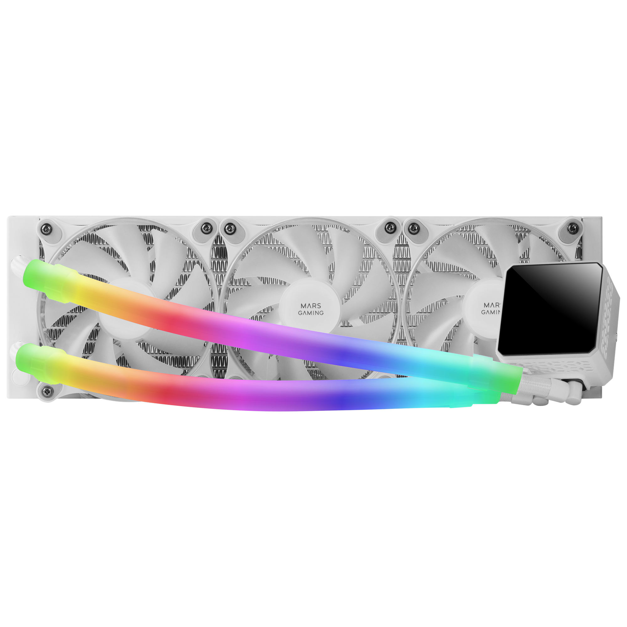 Sistema de refrigeración de computadora blanco con tres ventiladores y dos tubos de luz RGB.