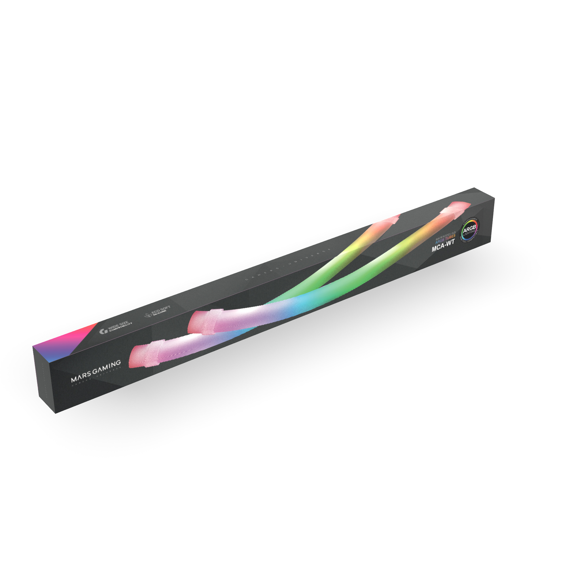 Caja para tiras LED RGB, con luz arcoíris y nombre de la marca, vista en ángulo.