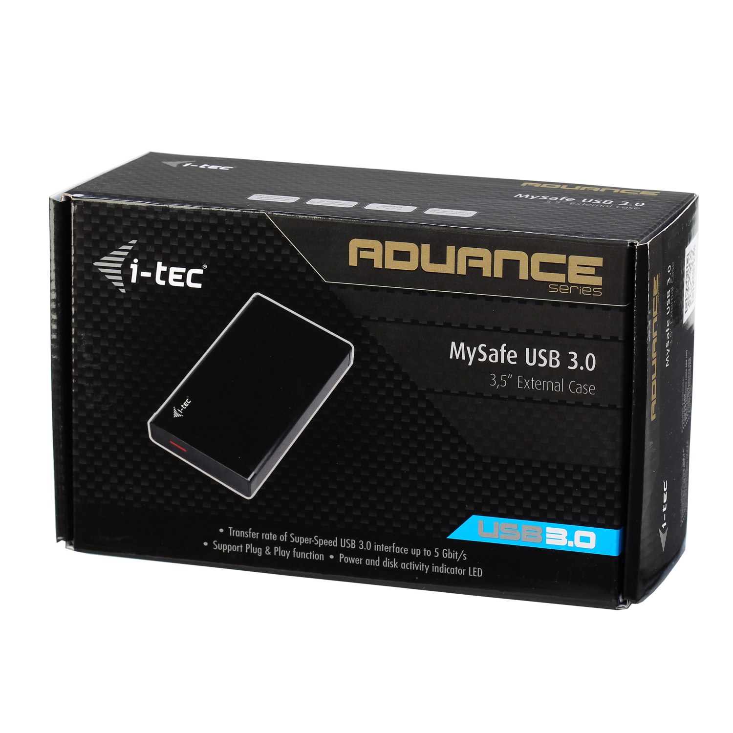 Schwarze Box mit 'i-tec'-Logo und MySafe USB 3.0-Details. Schwarzes Festplattenbild.