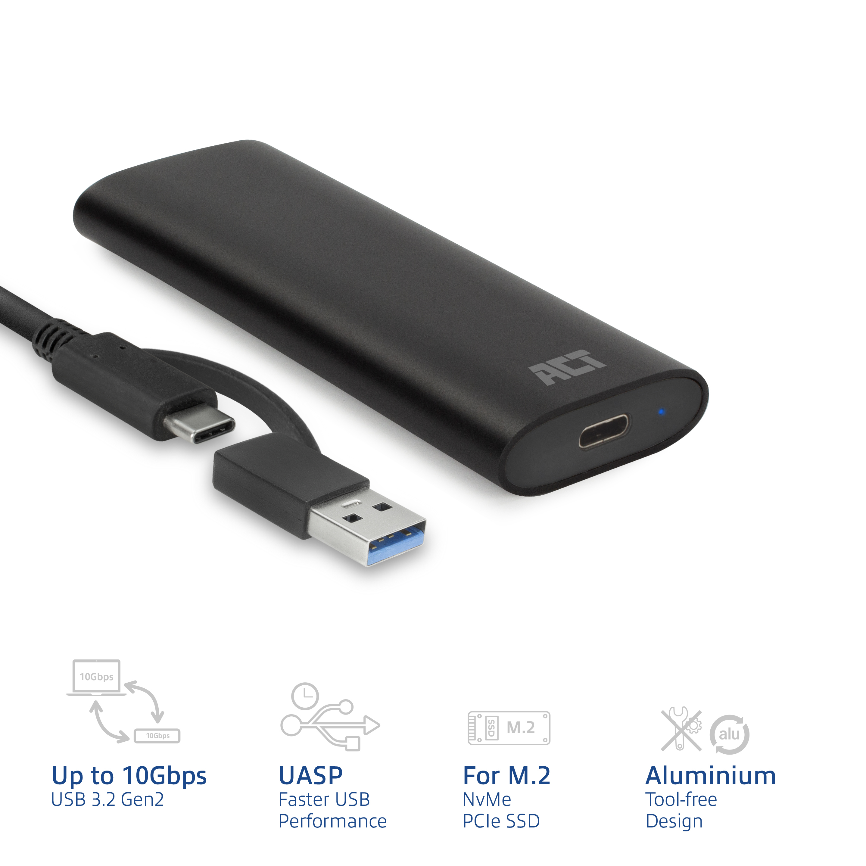 Schwarze externe Festplatte und Kabel. USB- und USB-C-Anschlüsse sind sichtbar. Text und Symbole sind vorhanden.