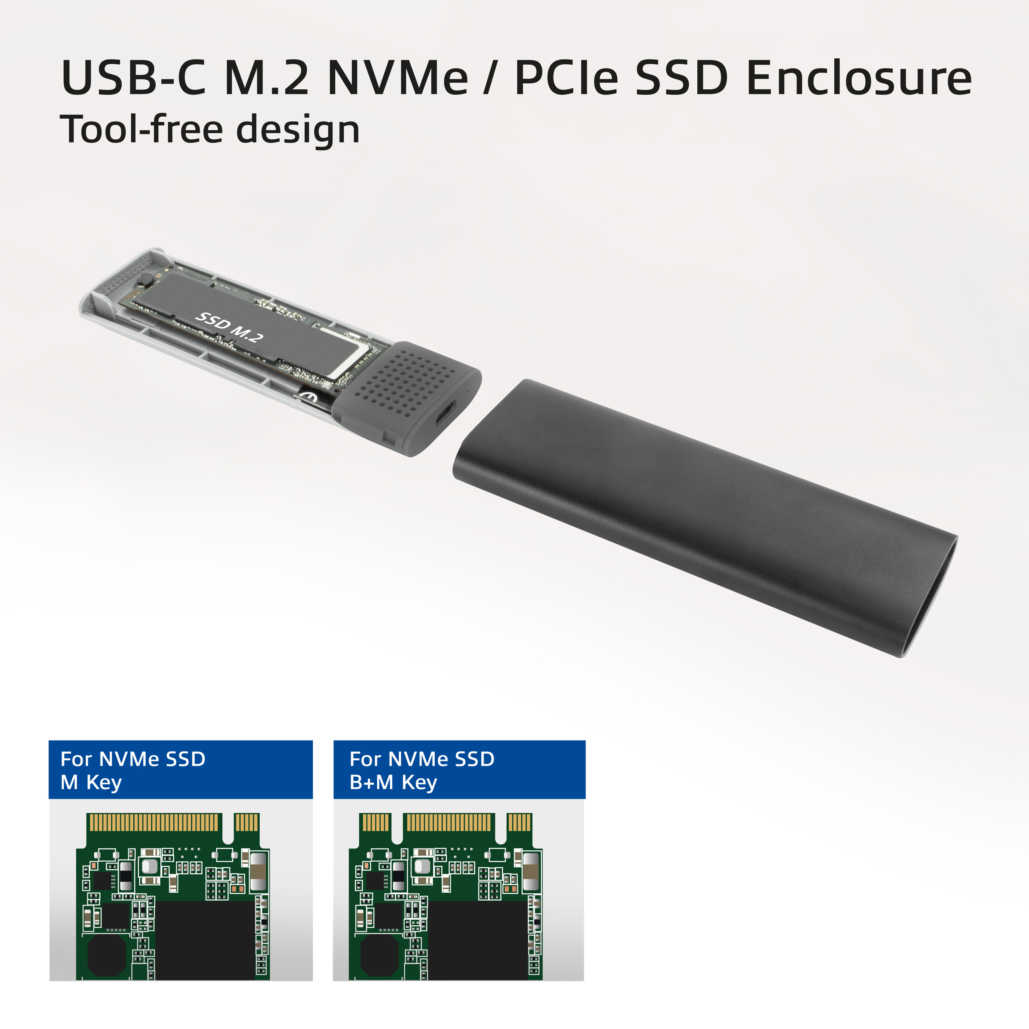 SSD-Gehäuse mit SSD im Inneren. Zwei Diagramme von SSDs. Weißer Hintergrund. Schwarzes Gehäuse.