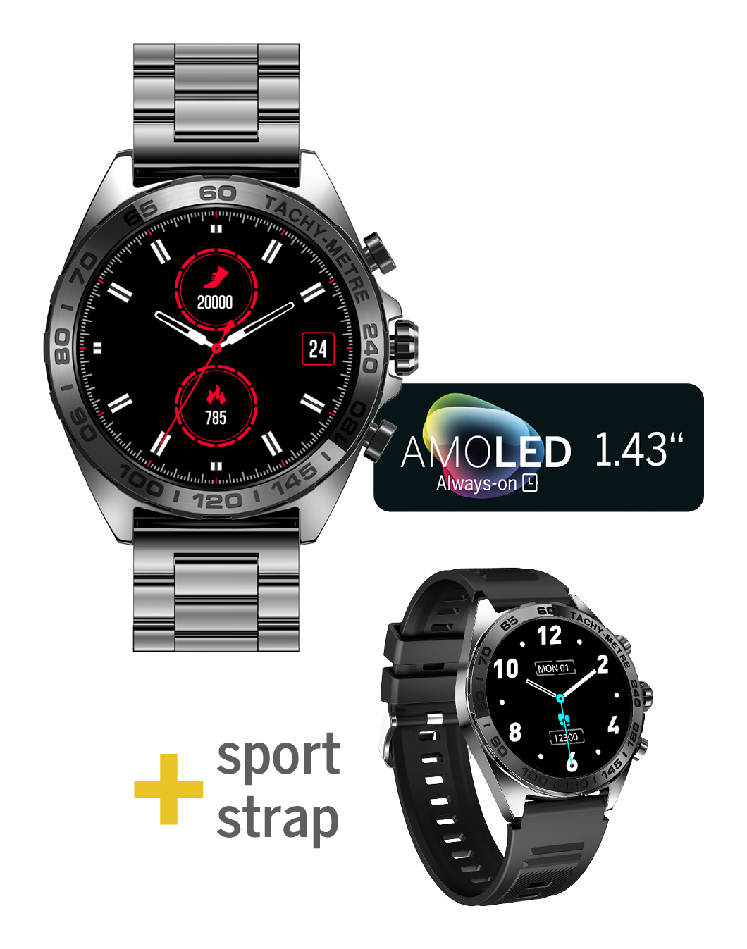 Srebrno-czarny smartwatch z czarnym wyświetlaczem pokazującym datę i godzinę, z paskiem sportowym.