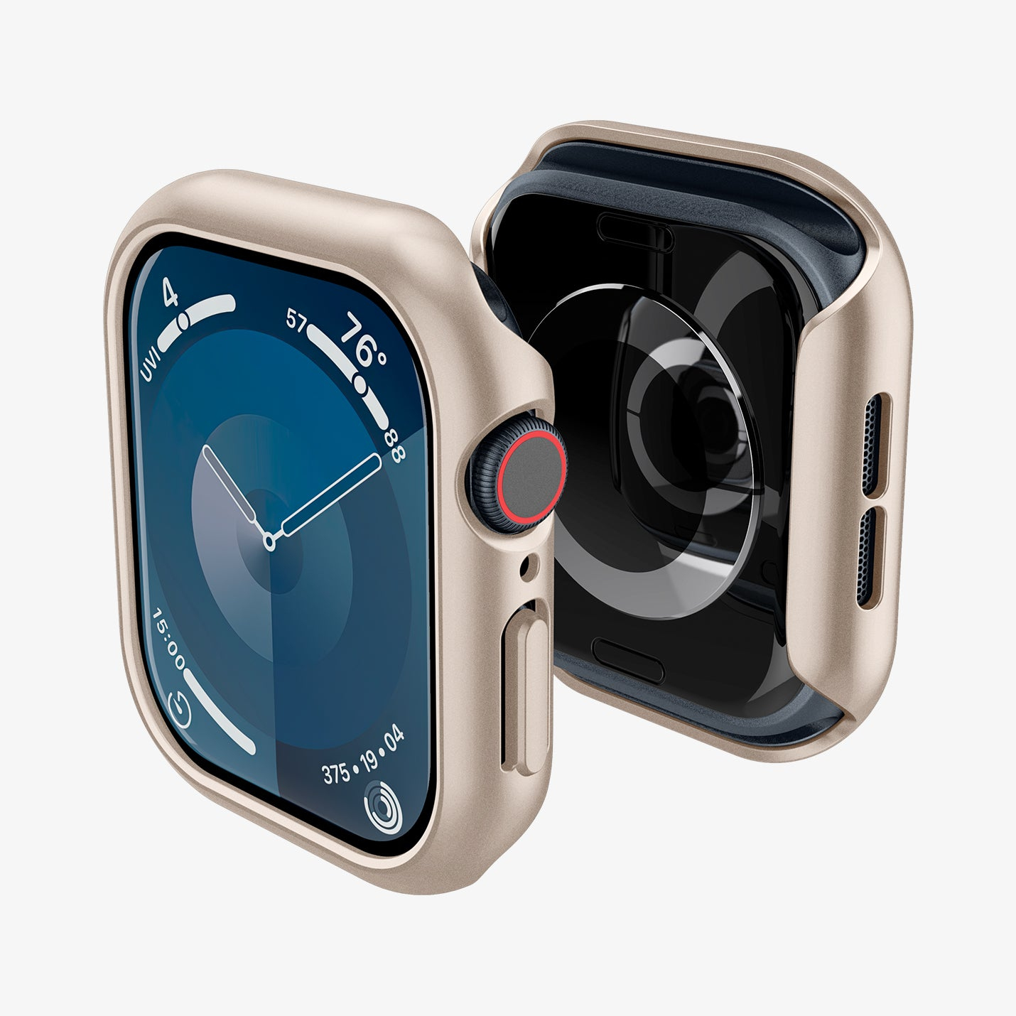 Złota obudowa smartwatcha z czarnym wyświetlaczem. Czerwony przycisk. Białe tło. Dwie obudowy.