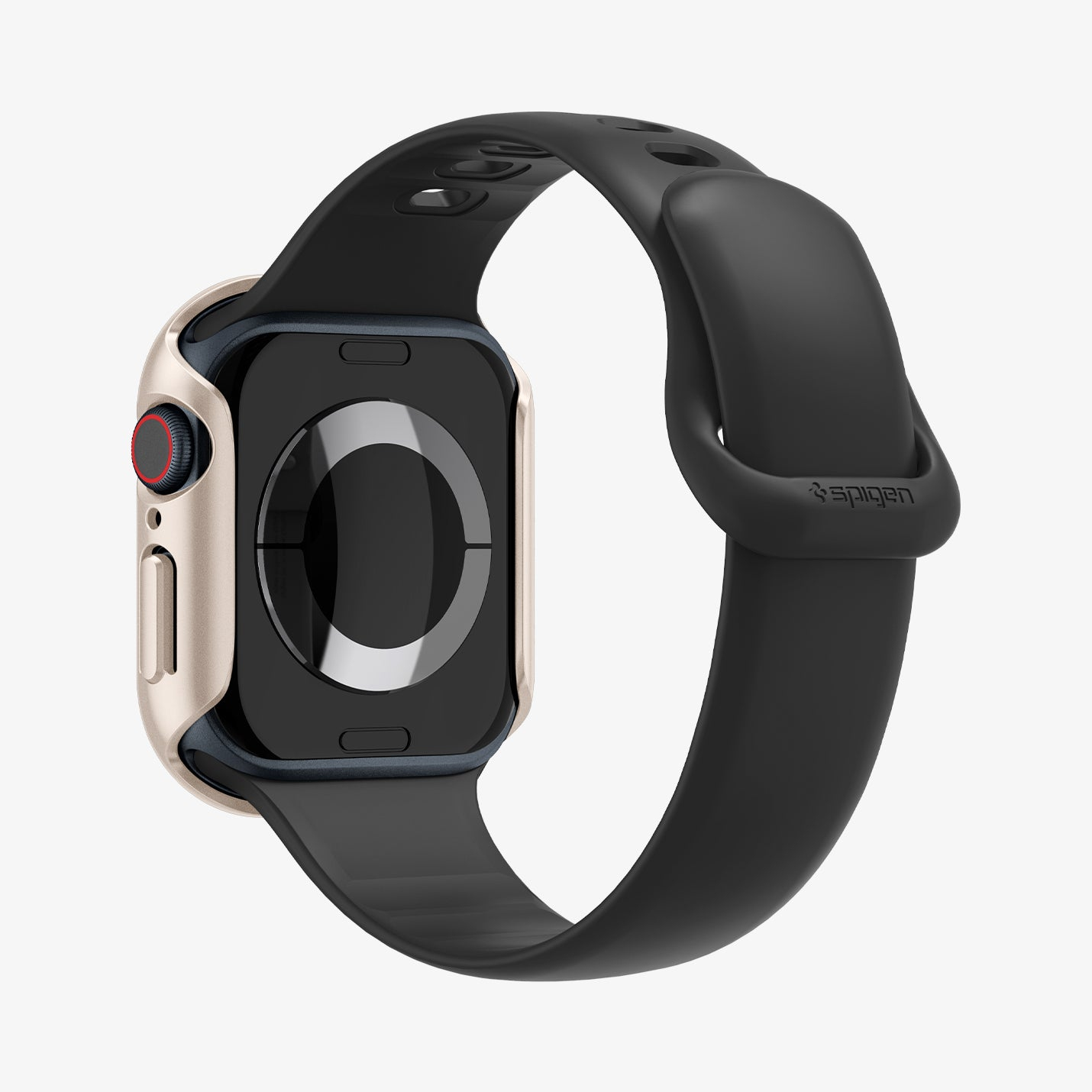 Złota obudowa smartwatcha z czarnym paskiem. Zegarek jest na białym tle. Widok z boku.