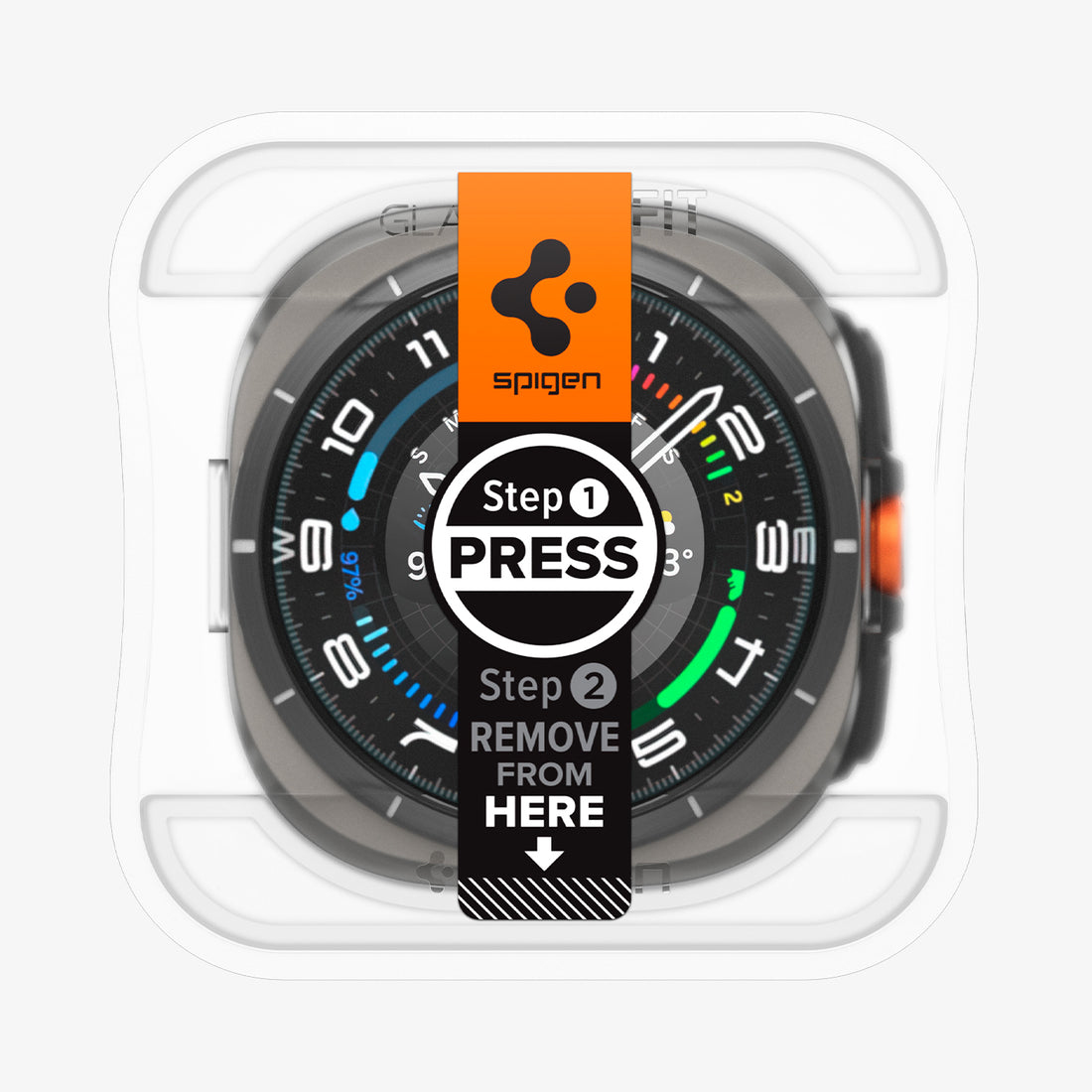 Smartwatch w przezroczystym etui ochronnym. Tekst i strzałki wskazują, jak usunąć etui.