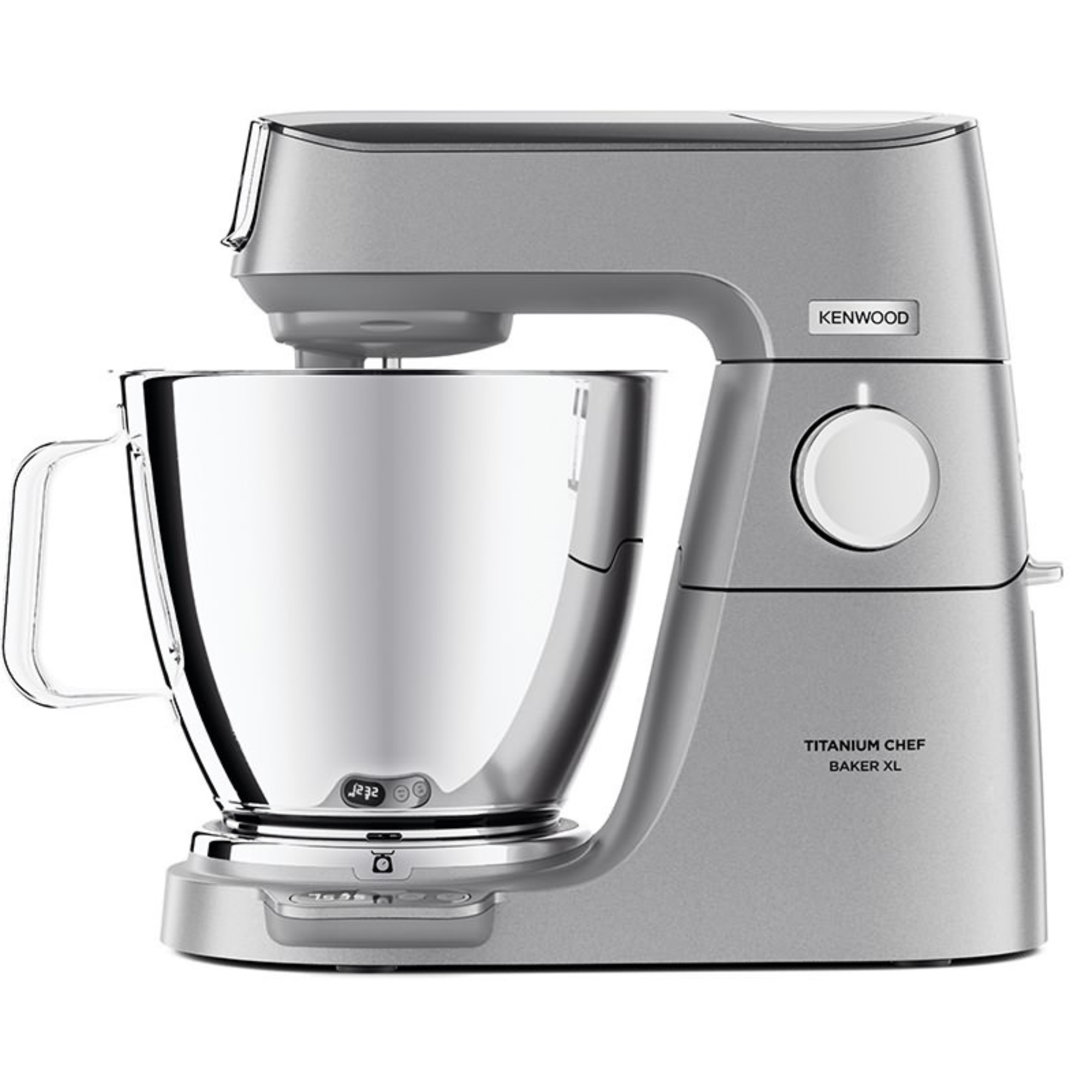 Silberner Kenwood Küchenmixer mit Schüssel, Display und Kenwood-Logo.