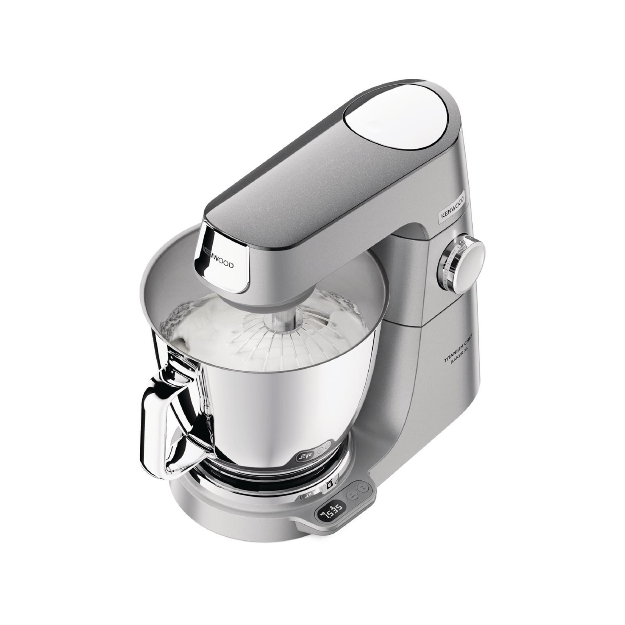 Ein Kenwood Küchenmixer mit Schüssel und Schneebesen, der Sahne schlägt.