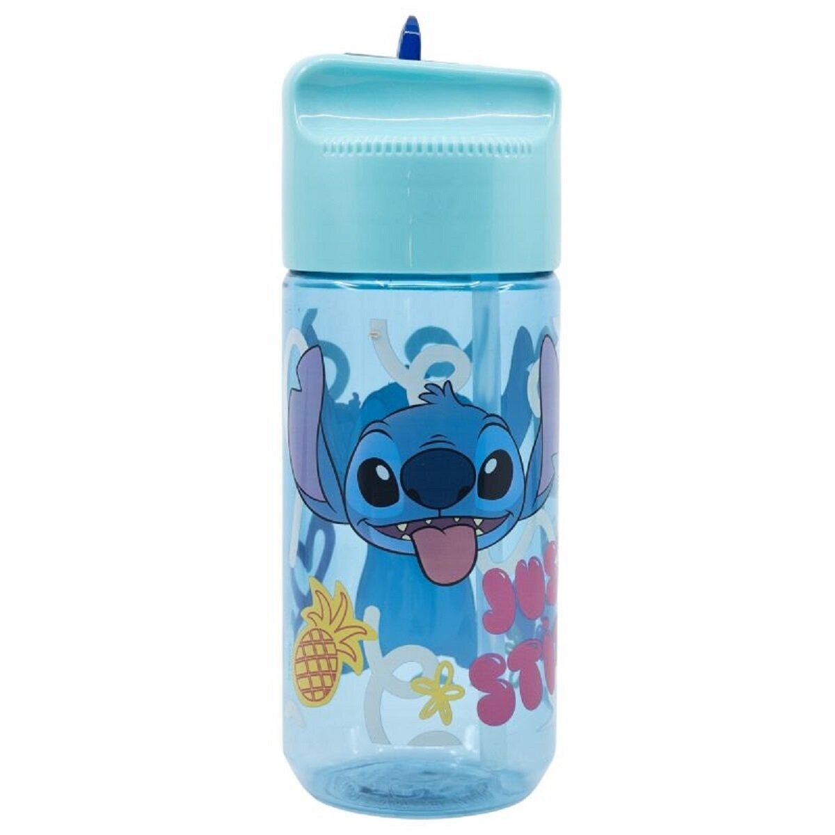 Blaue Stitch-Wasserflasche mit blauem Deckel und Stitch-Design.