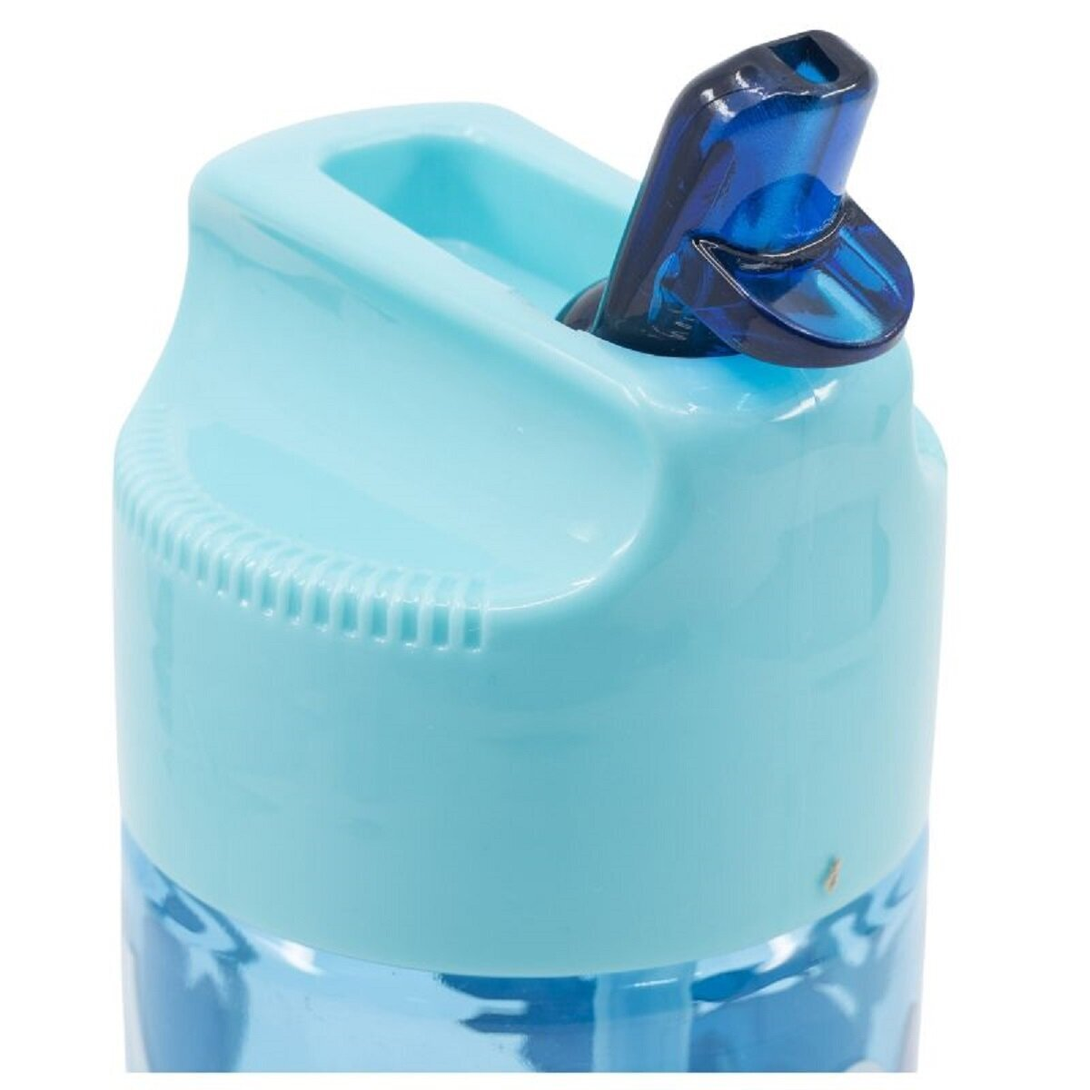 Nahaufnahme eines blau-hellblauen Wasserflaschendeckels mit blauem Ausguss.