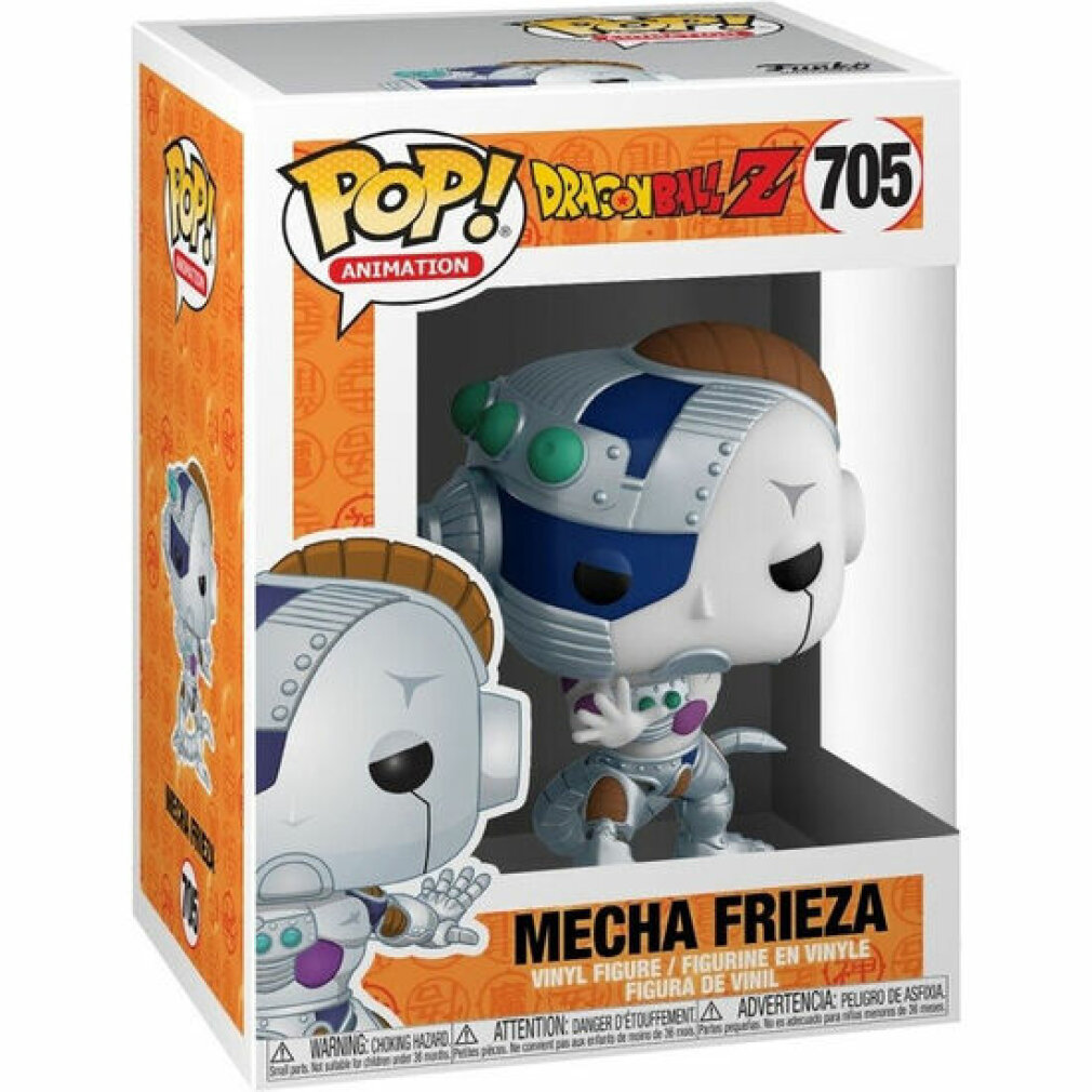 Figura di Mecha Frieza in scatola. Personaggio bianco e blu simile a un robot.