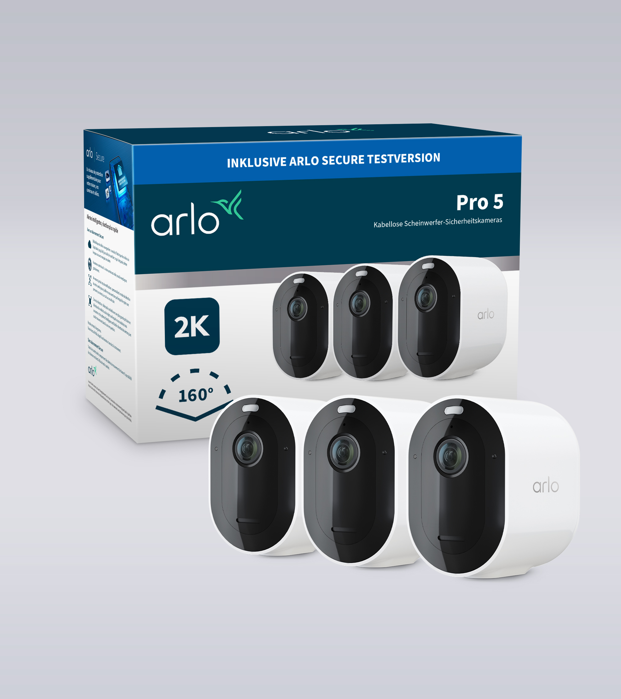 Kamera-Box Arlo Pro 5. Sechs Kameras sind weiß und schwarz. Die Box ist blau und weiß.