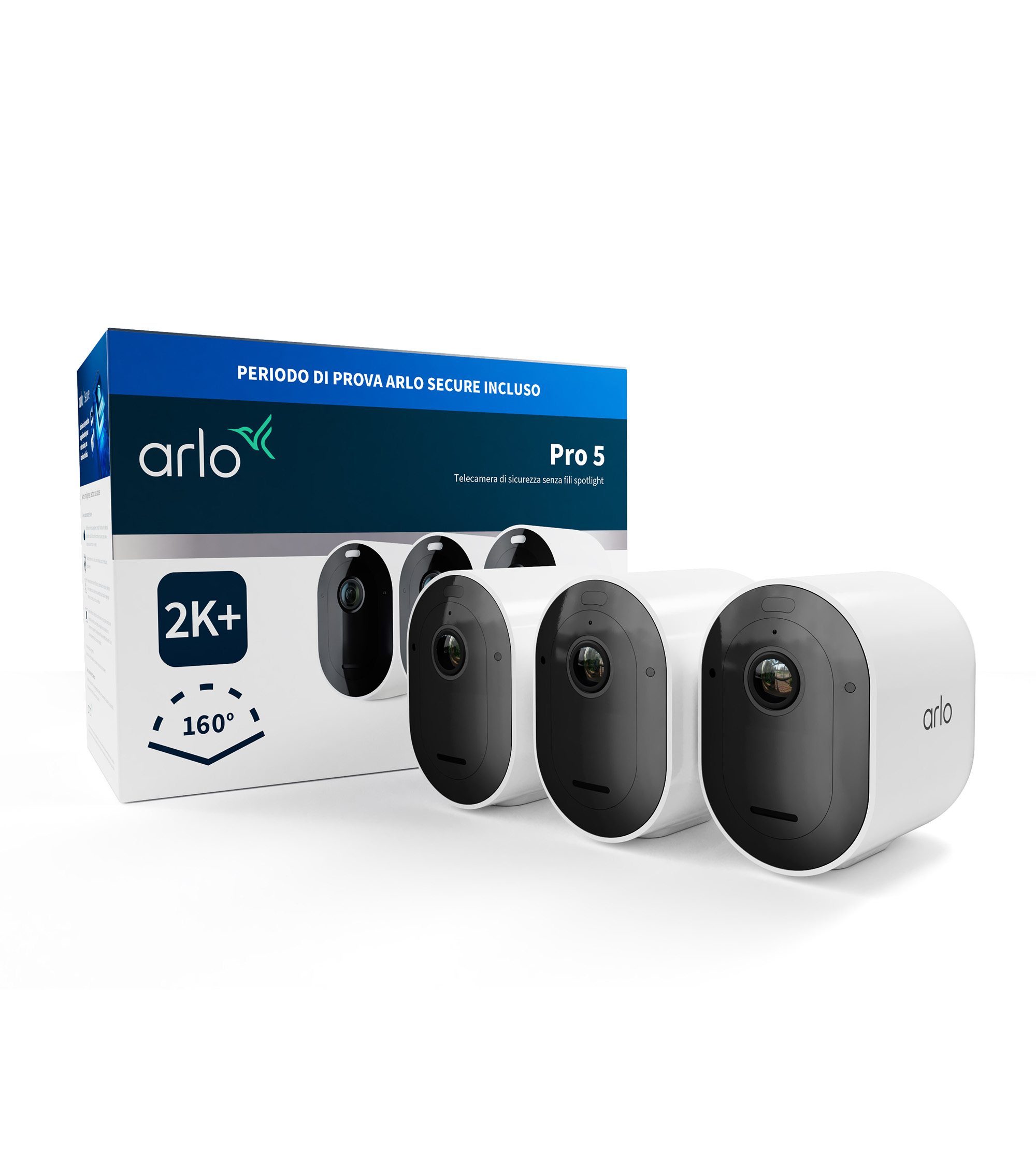 Trzy białe kamery bezpieczeństwa z pudełkiem, z tekstem i ikonami.