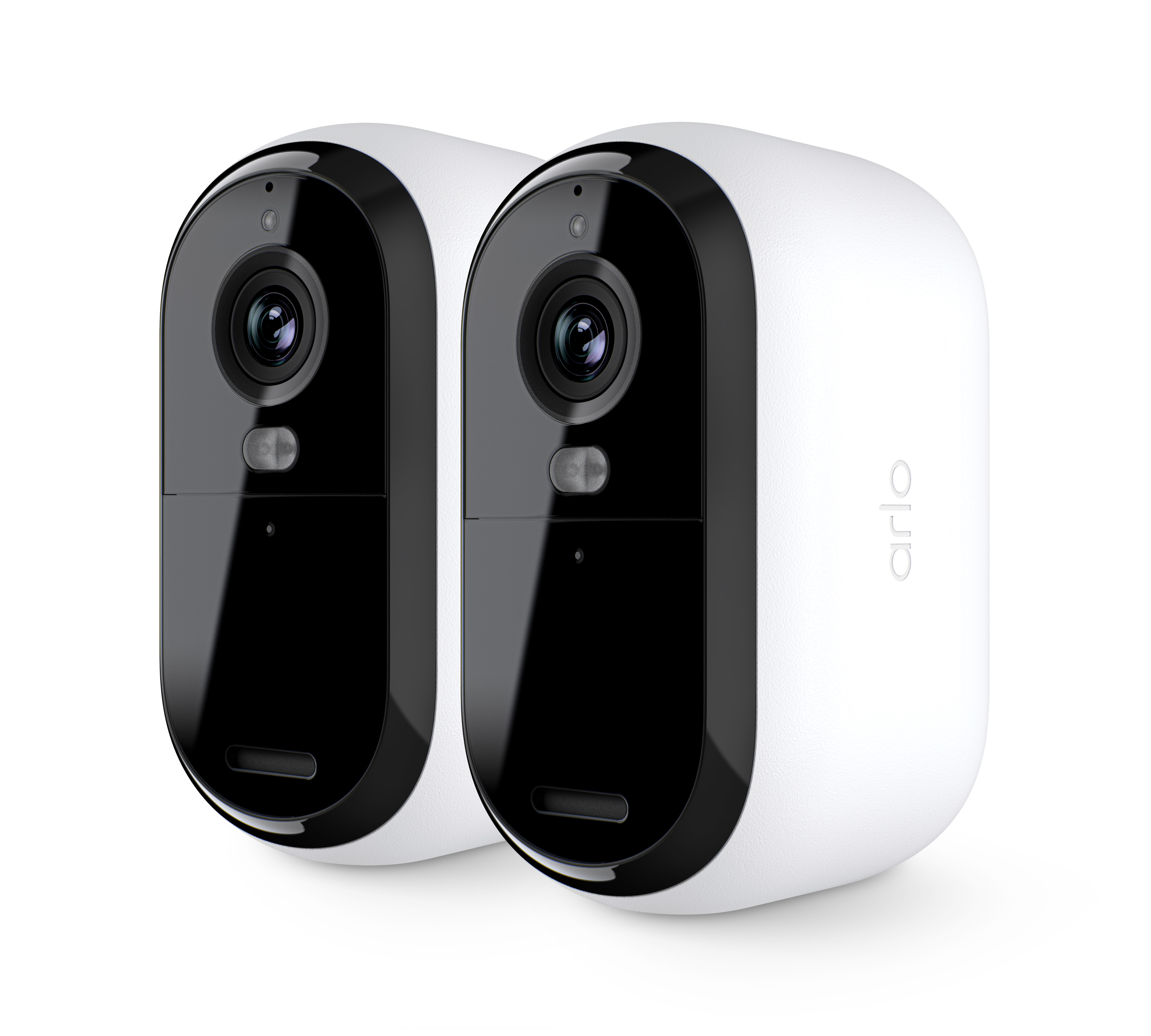 Due telecamere di sicurezza Arlo bianche. Obiettivo nero.