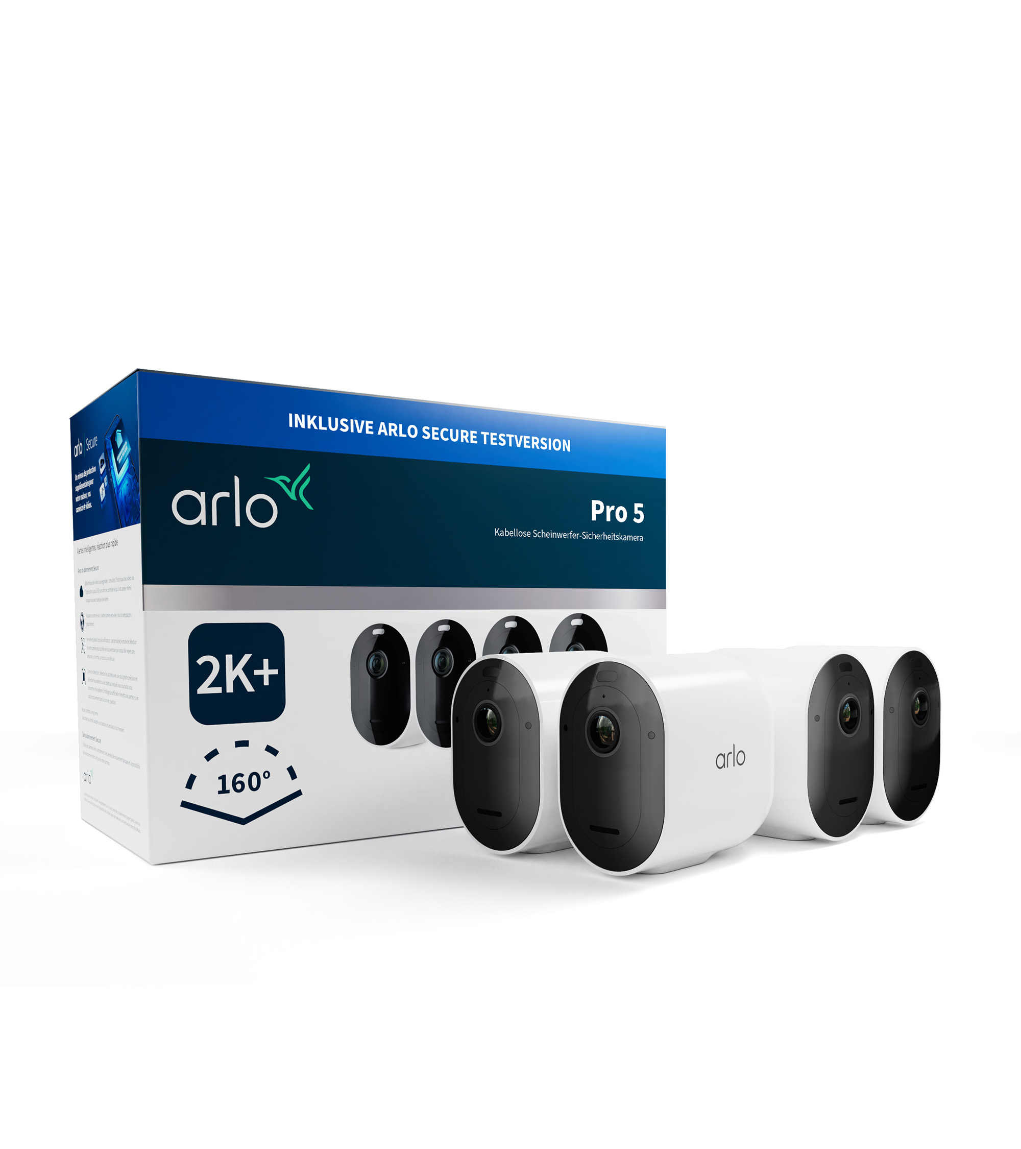 Białe kamery bezpieczeństwa z czarnymi obiektywami i pudełkiem. Tekst na pudełku: Arlo Pro 5, 2K+, 160°.