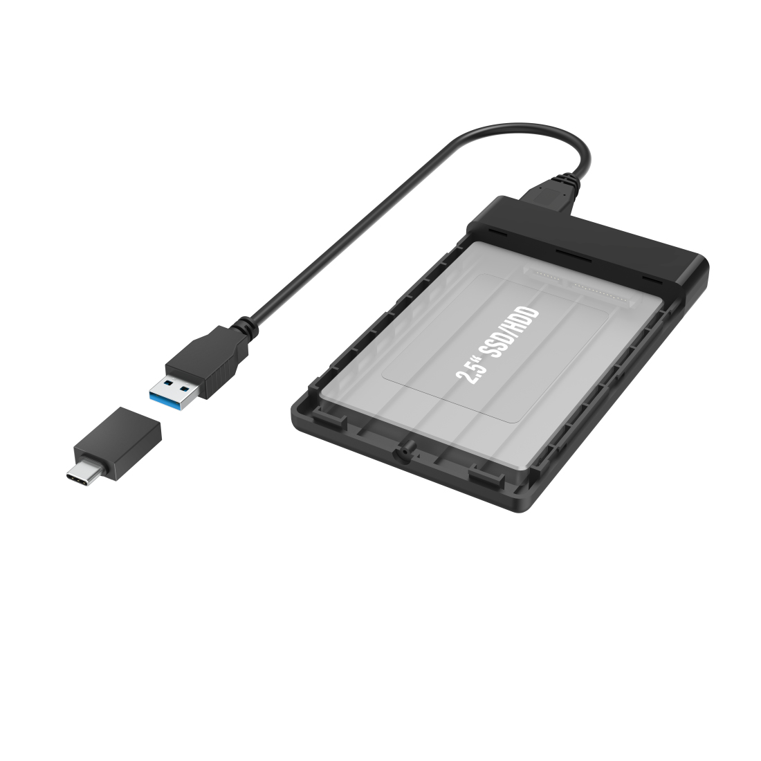 Dysk zewnętrzny z kablem i adapterami USB i USB-C.