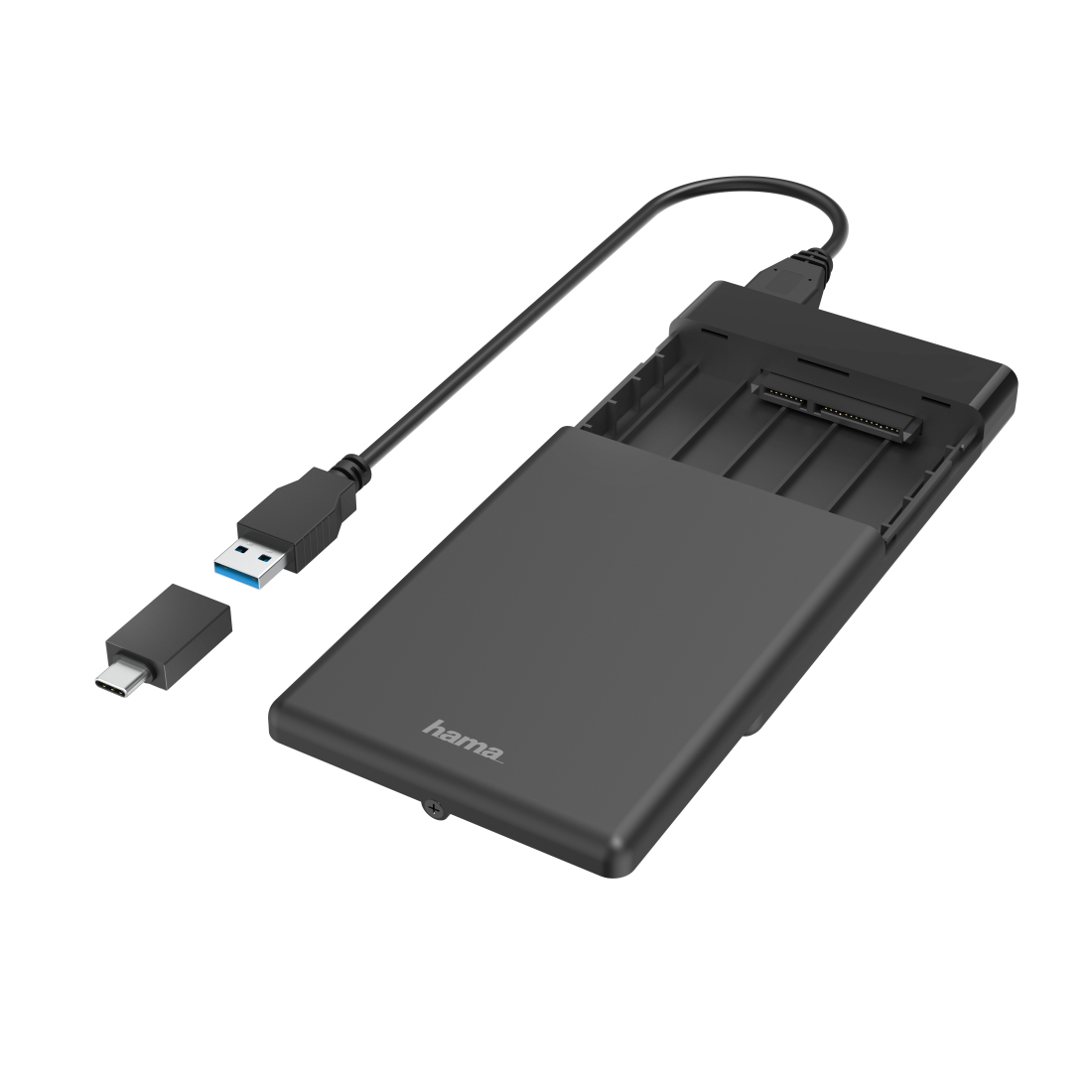 Czarna obudowa dysku twardego z kablem USB i adapterem USB-C. Widoczne logo Hama.