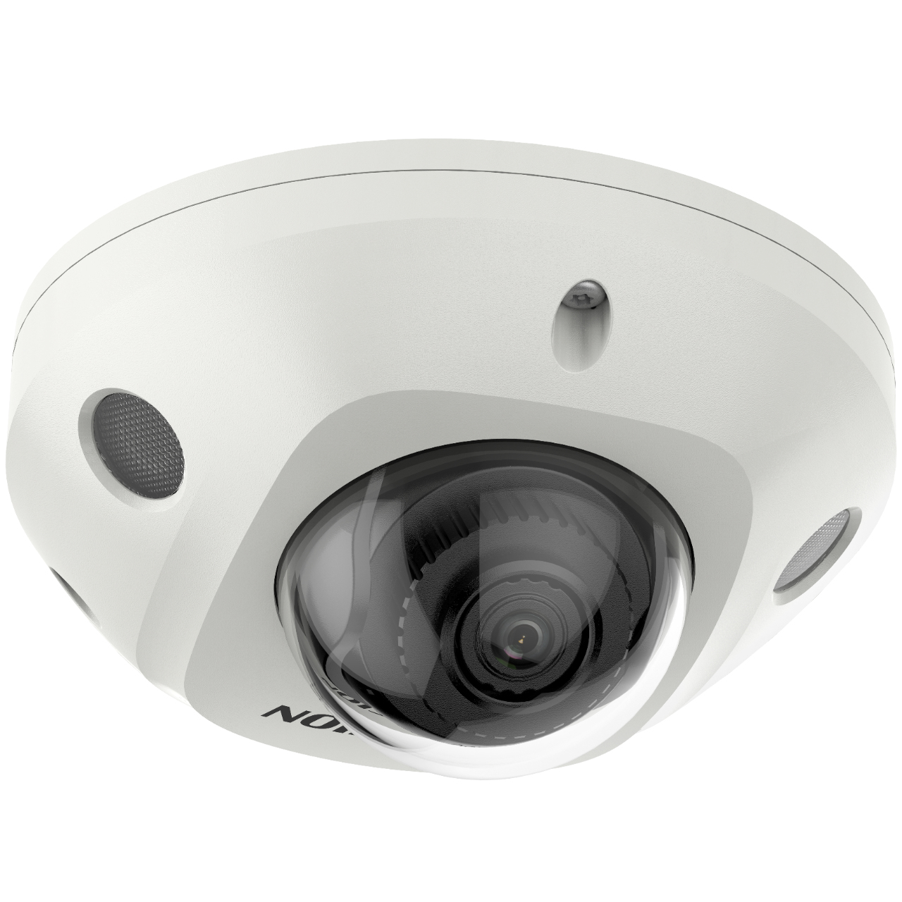 Telecamera di sicurezza bianca con cupola trasparente e fori.
