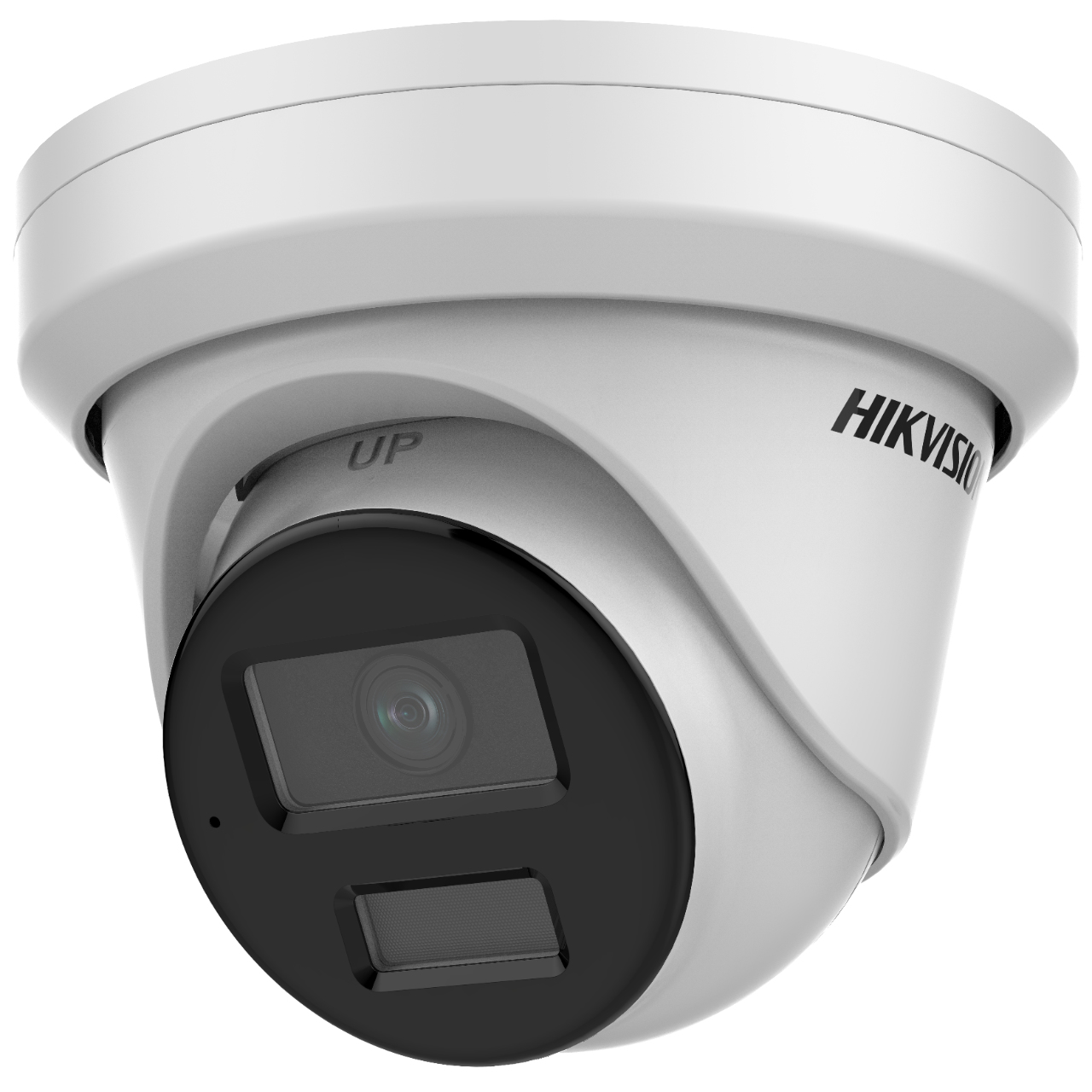 Cámara de seguridad negra, forma de domo, con el logo de Hikvision.