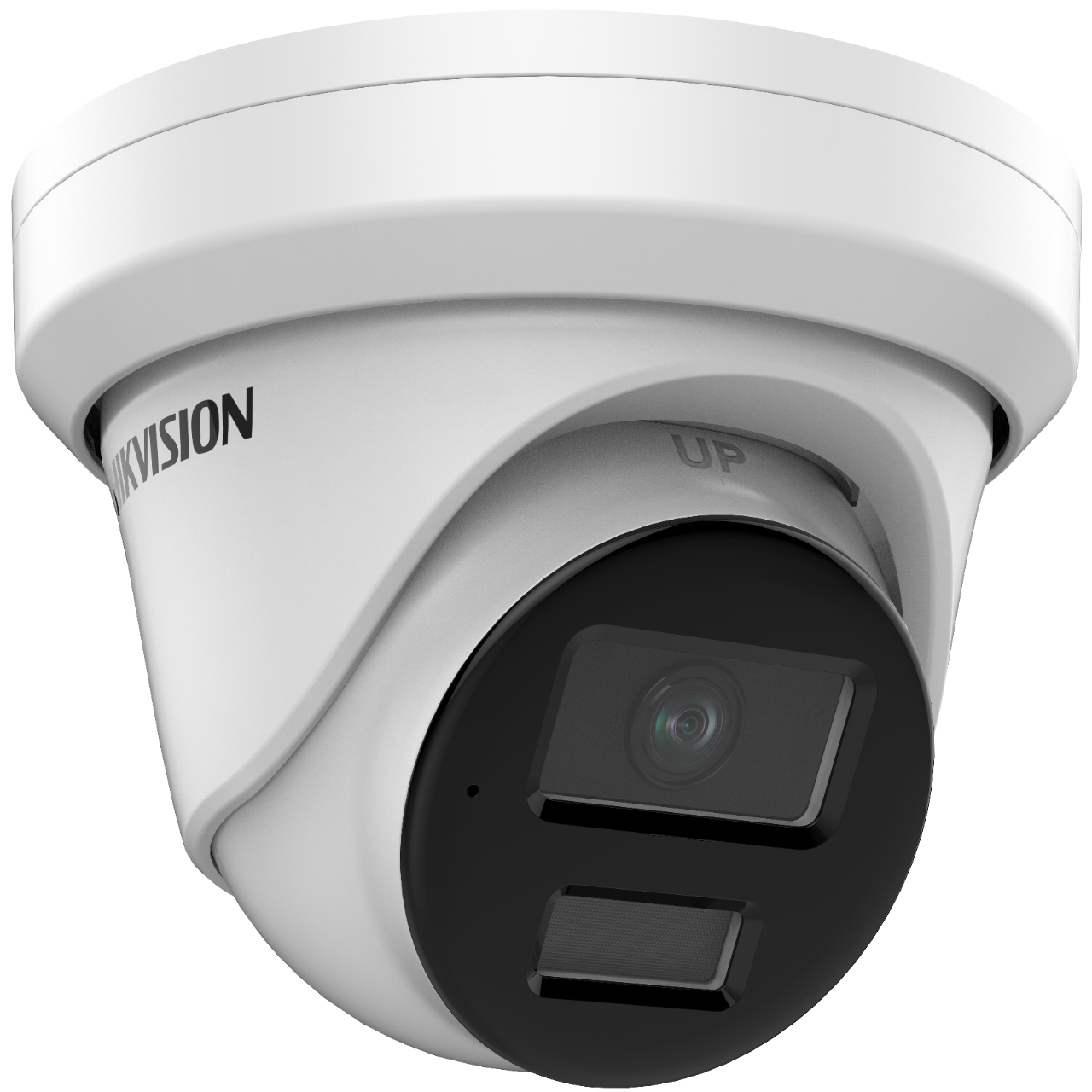 Cámara de seguridad, forma de domo, blanco y negro con logo Hikvision.