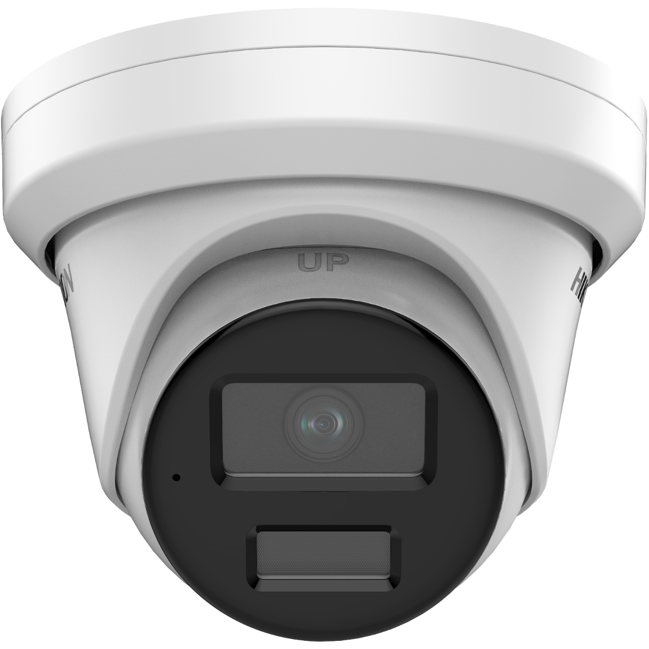 Cámara de seguridad, forma de domo, blanco y negro con logo Hikvision.