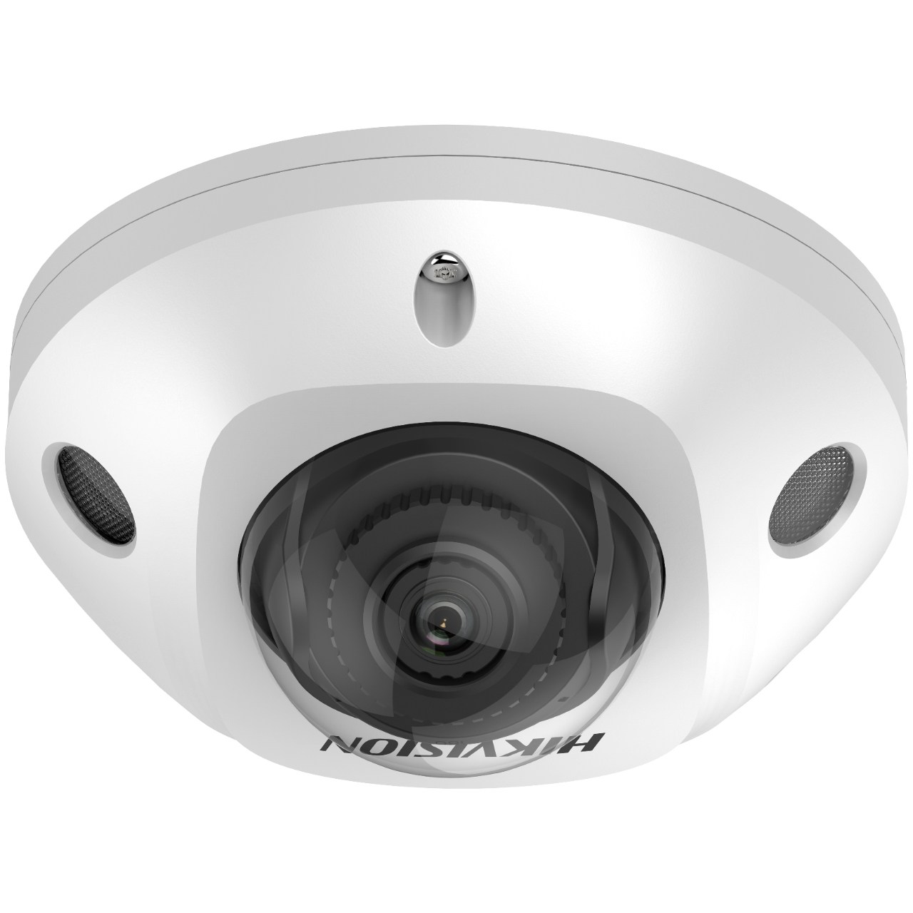 Telecamera di sicurezza bianca, a cupola, con il logo Hikvision.
