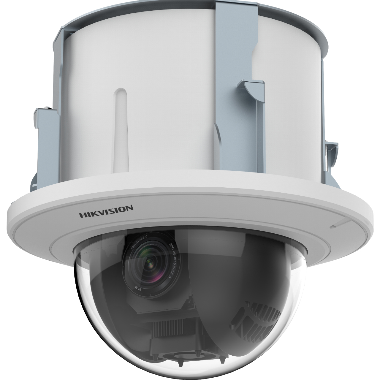 Telecamera di sicurezza bianca, a cupola, con cupola trasparente e logo Hikvision.