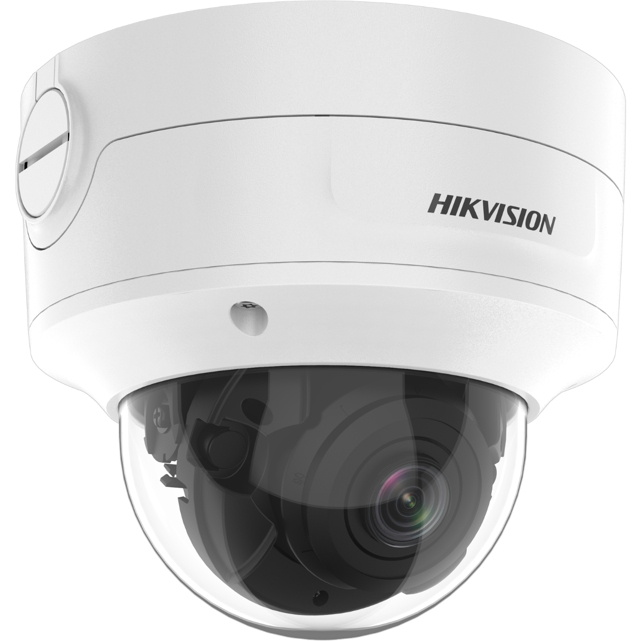 Caméra dôme blanche Hikvision avec objectif noir, montée sur une surface blanche.
