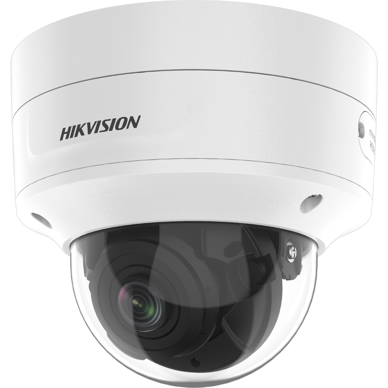 Caméra dôme Hikvision blanche, avec objectif noir et nom de la marque sur la surface.