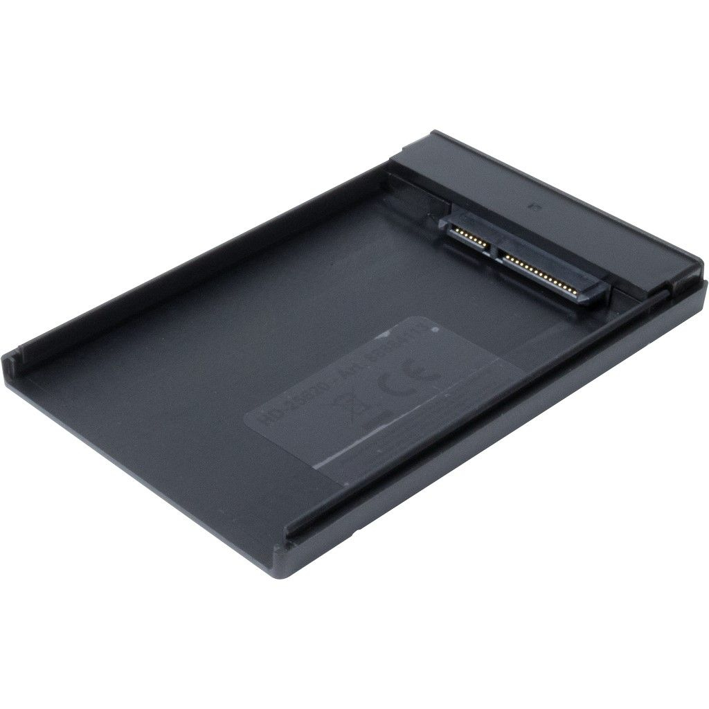 Schwarzes HDD-Gehäuse in geöffneter Position, das den SATA-Anschluss zeigt.