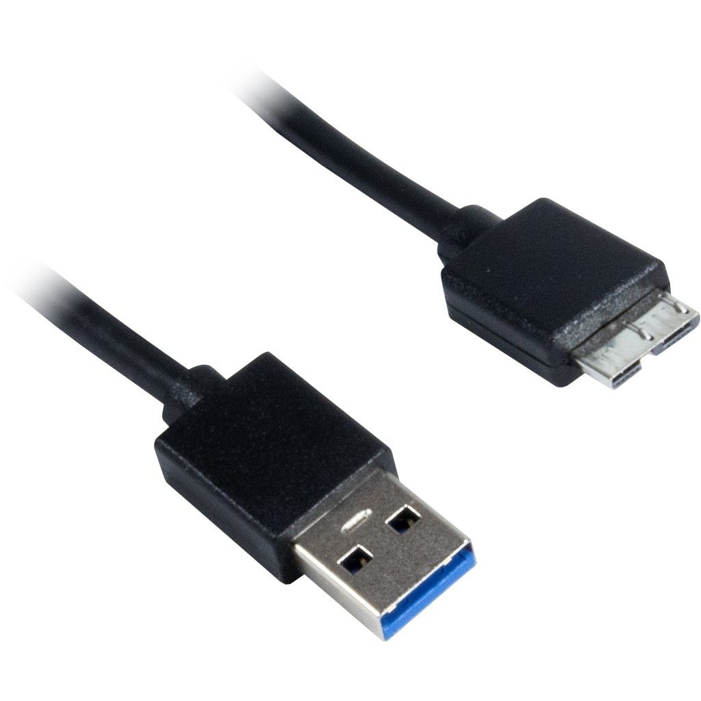 Schwarzes USB-Kabel mit USB 3.0-Anschluss an einem Ende und Micro-USB am anderen Ende.