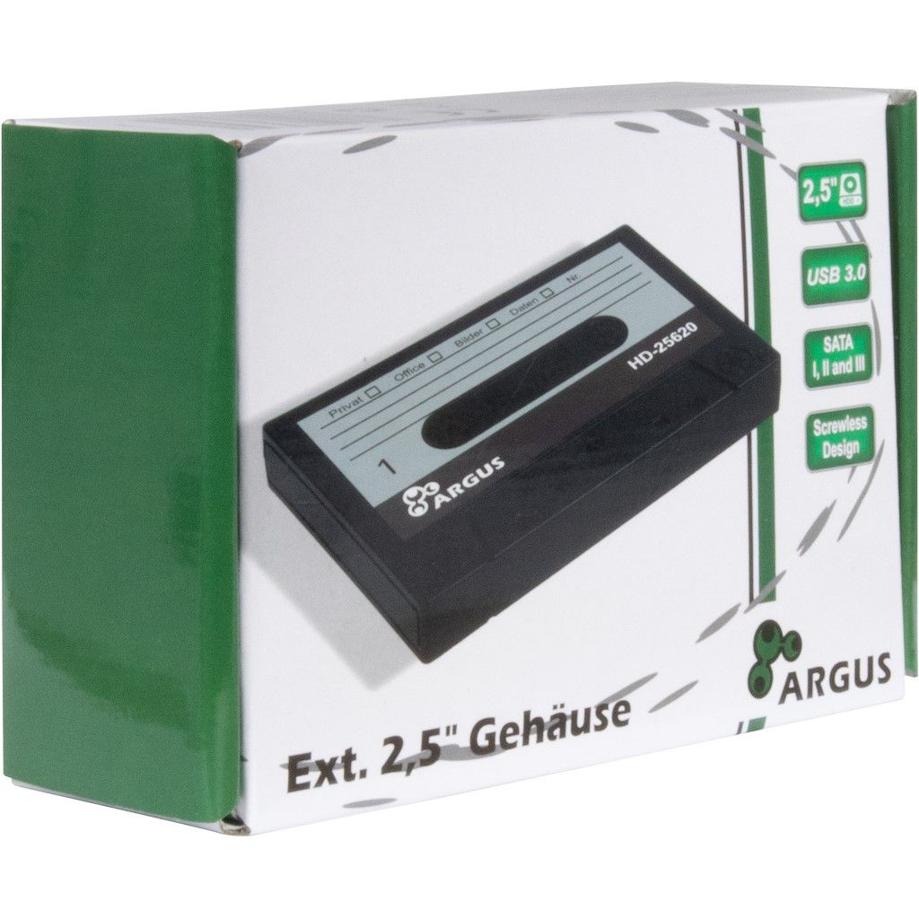 Externes Gehäuse für 2,5-Zoll-Festplatte. Text: Argus, Ext. 2,5" Gehäuse, HD-25620.