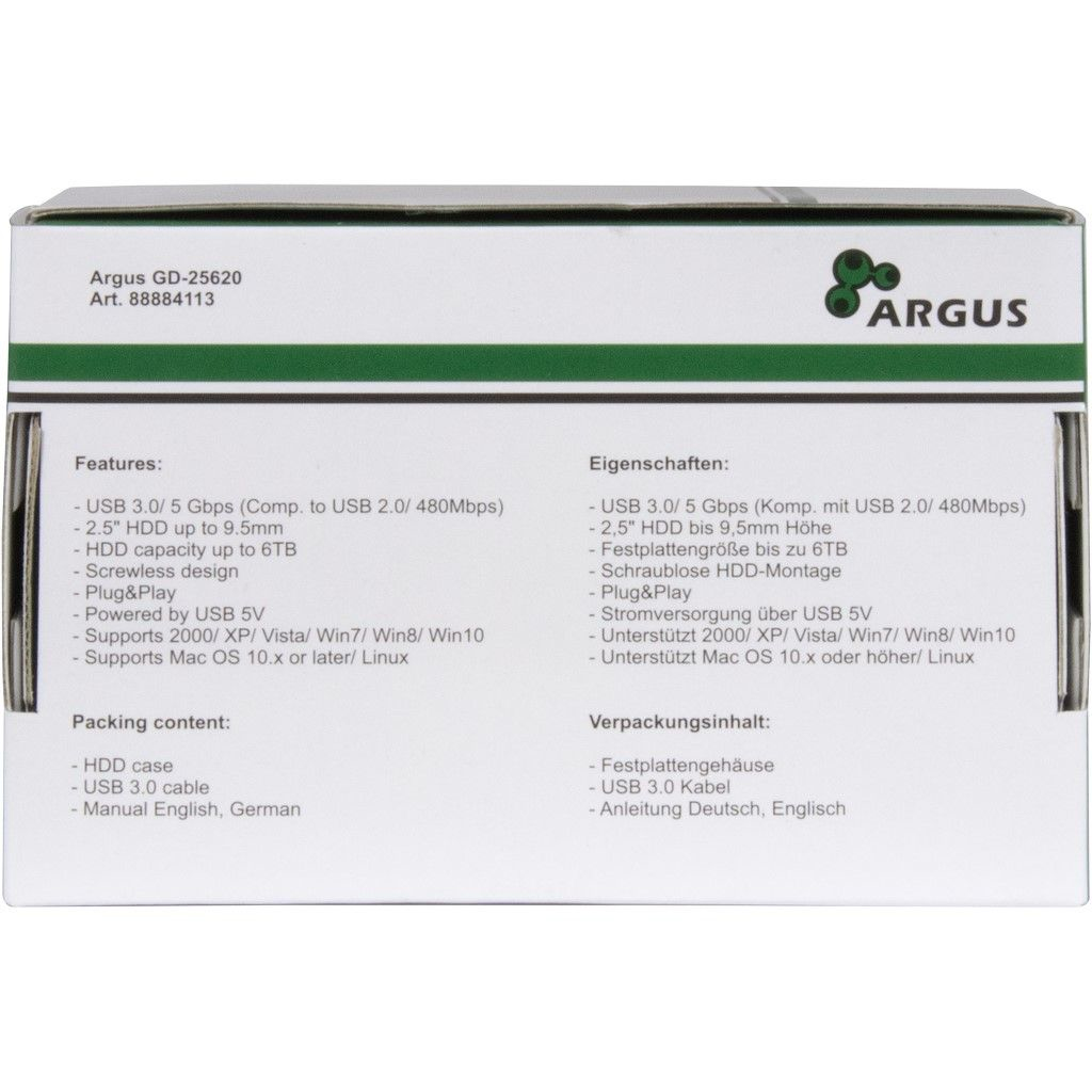 Nahaufnahme einer weißen Box mit Merkmalen und Spezifikationen für ein Argus HDD-Gehäuse.