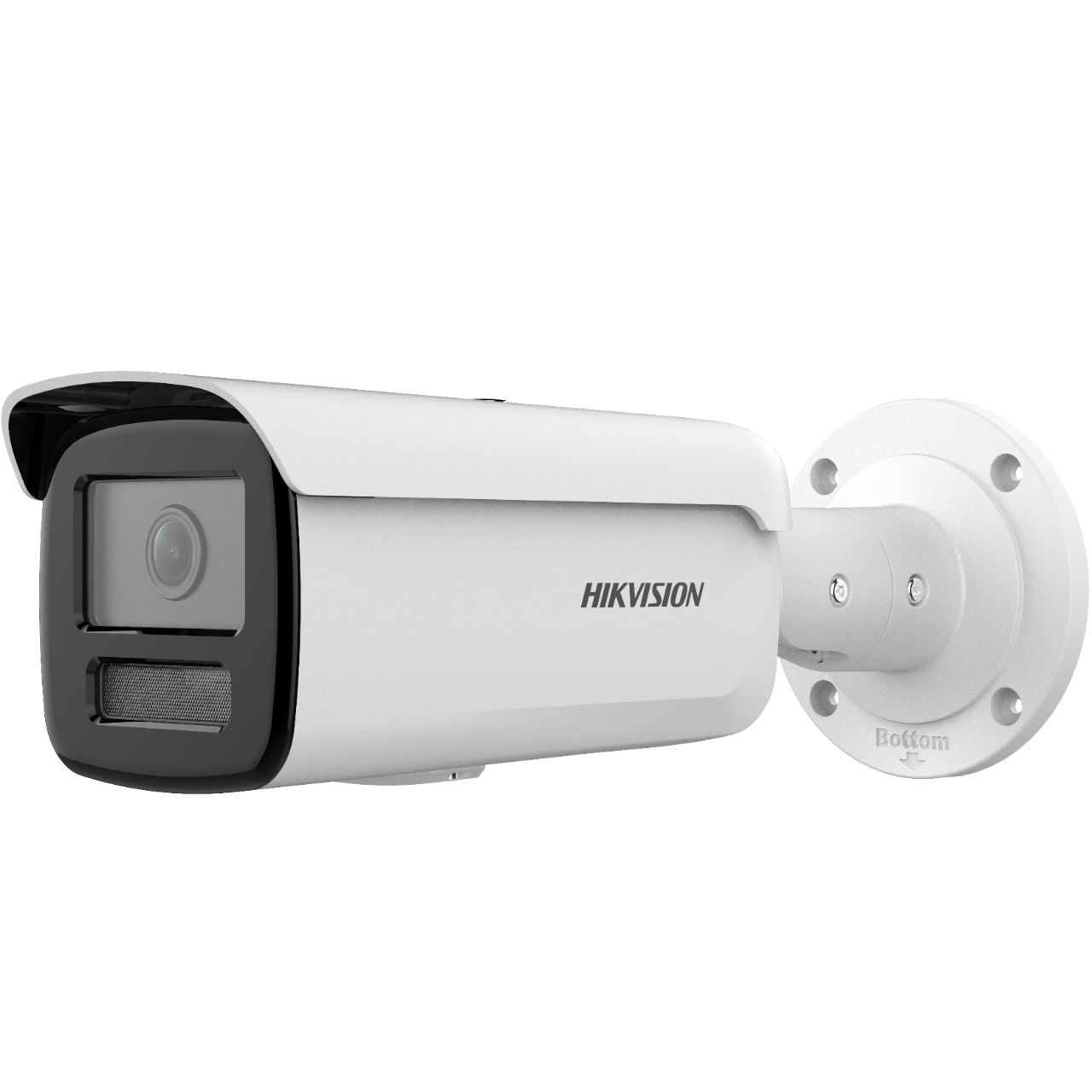 Eine weiße Hikvision-Überwachungskamera, Seitenansicht, an einer weißen Basis montiert. Das Objektiv ist sichtbar.