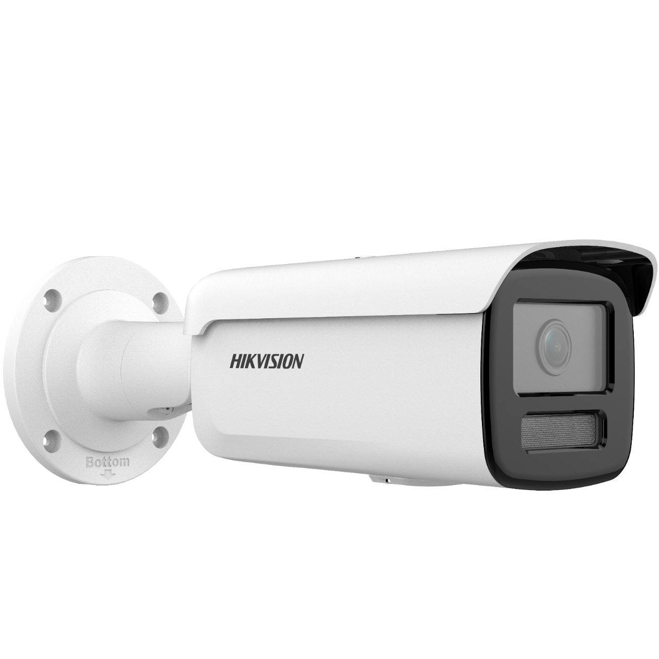 Eine weiße Hikvision-Überwachungskamera, Seitenansicht, an einer weißen Basis montiert. Das Objektiv ist sichtbar.