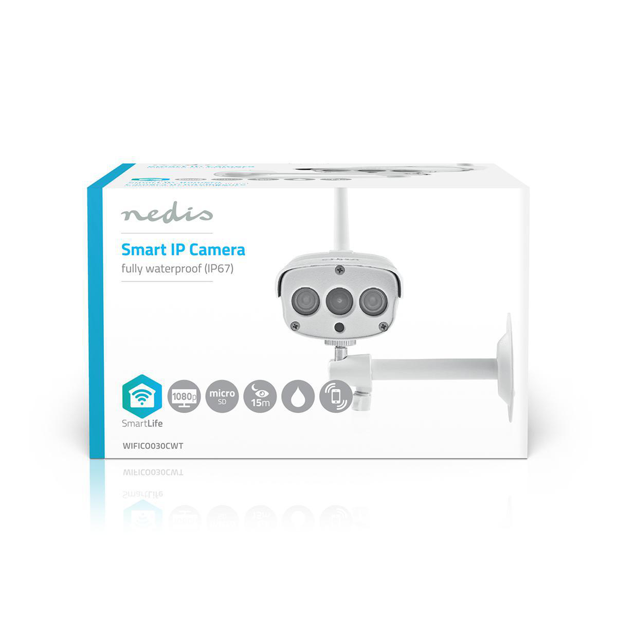 Scatola della telecamera IP Smart Nedis, con una telecamera bianca montata su un braccio bianco.
