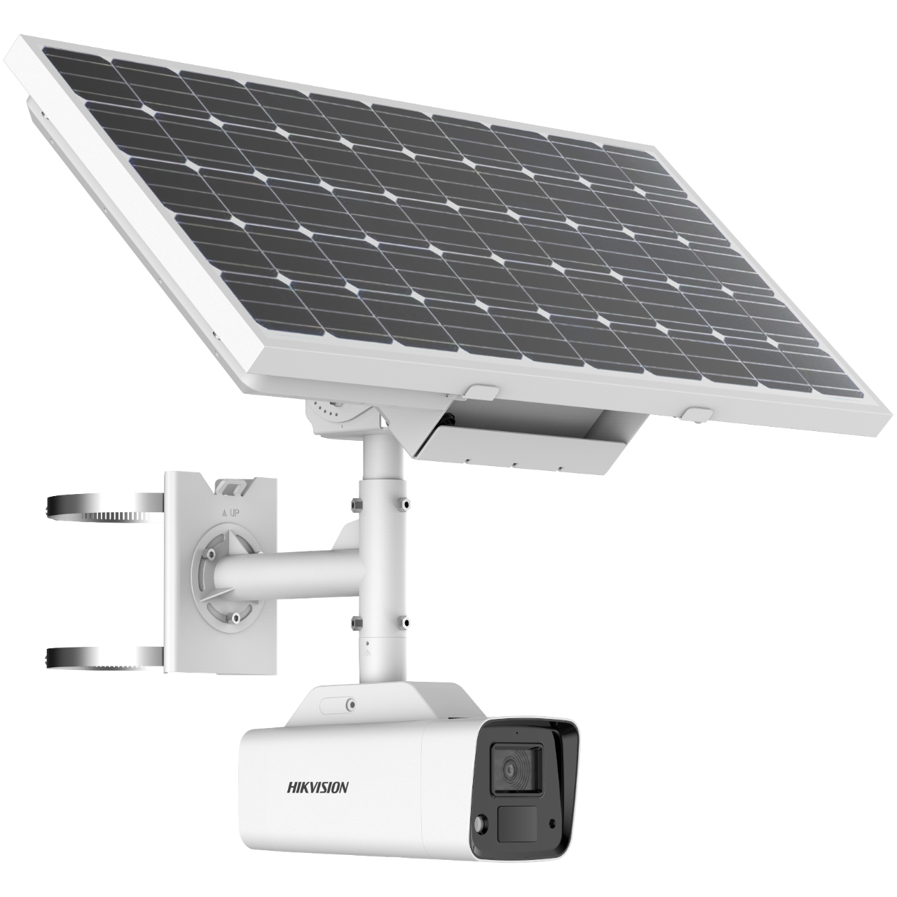 Telecamera di sicurezza con pannello solare, montata su palo bianco, inclinata verso il sole.