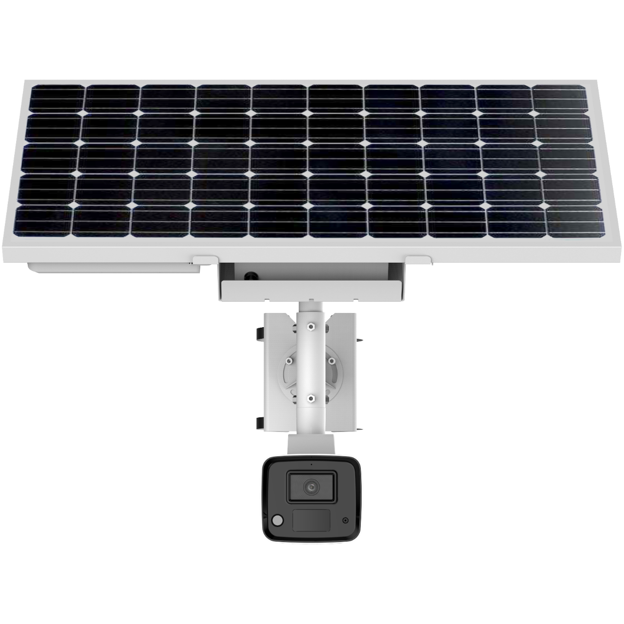 Configurazione telecamera di sicurezza bianca e pannello solare, con il logo Hikvision.