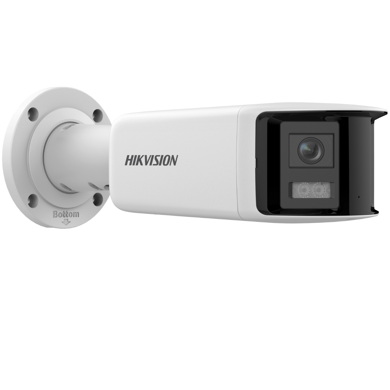 Biała kamera bezpieczeństwa Hikvision z czarną osłoną obiektywu, zamontowana na białej podstawie.