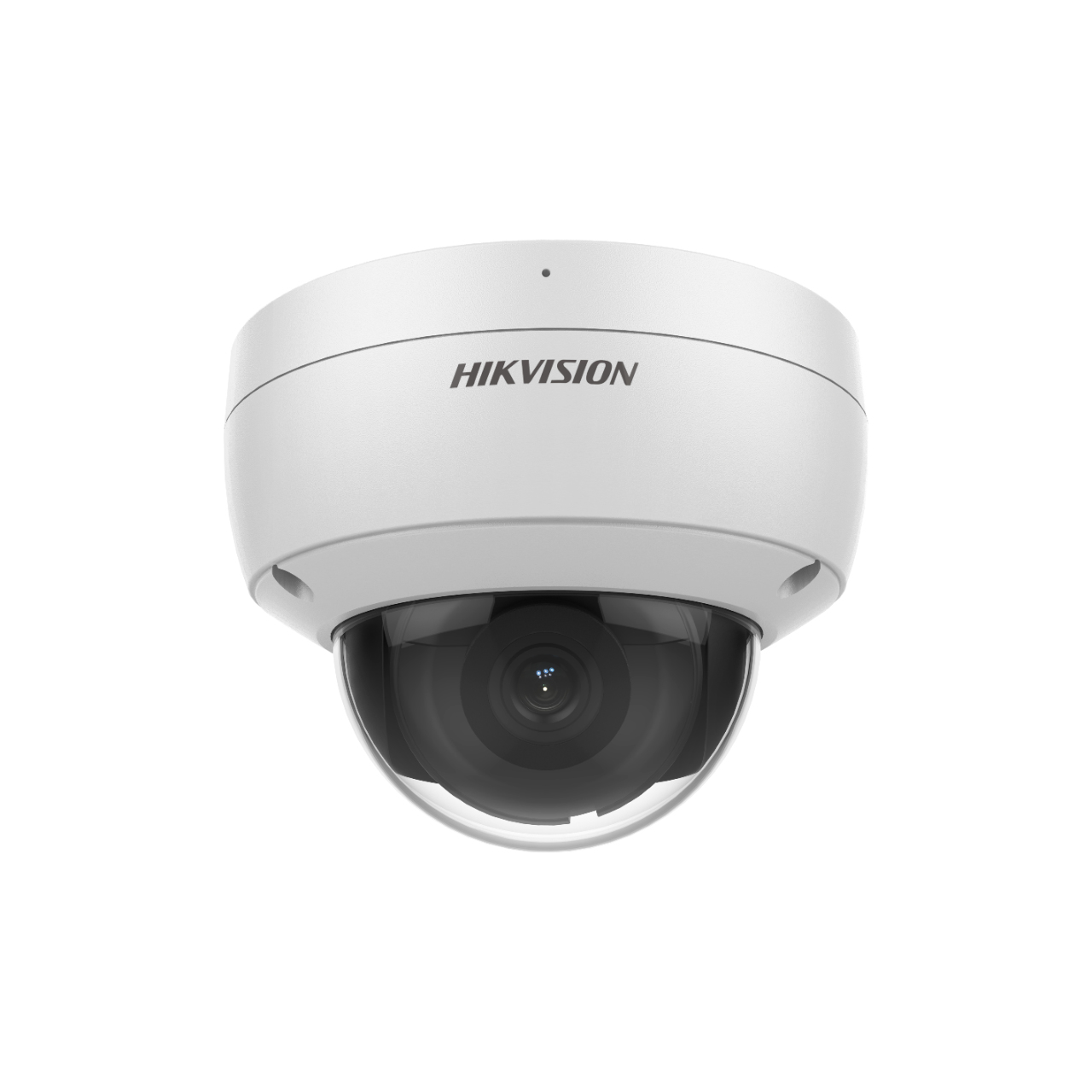 Telecamera di sicurezza a cupola bianca con lente trasparente e logo Hikvision.