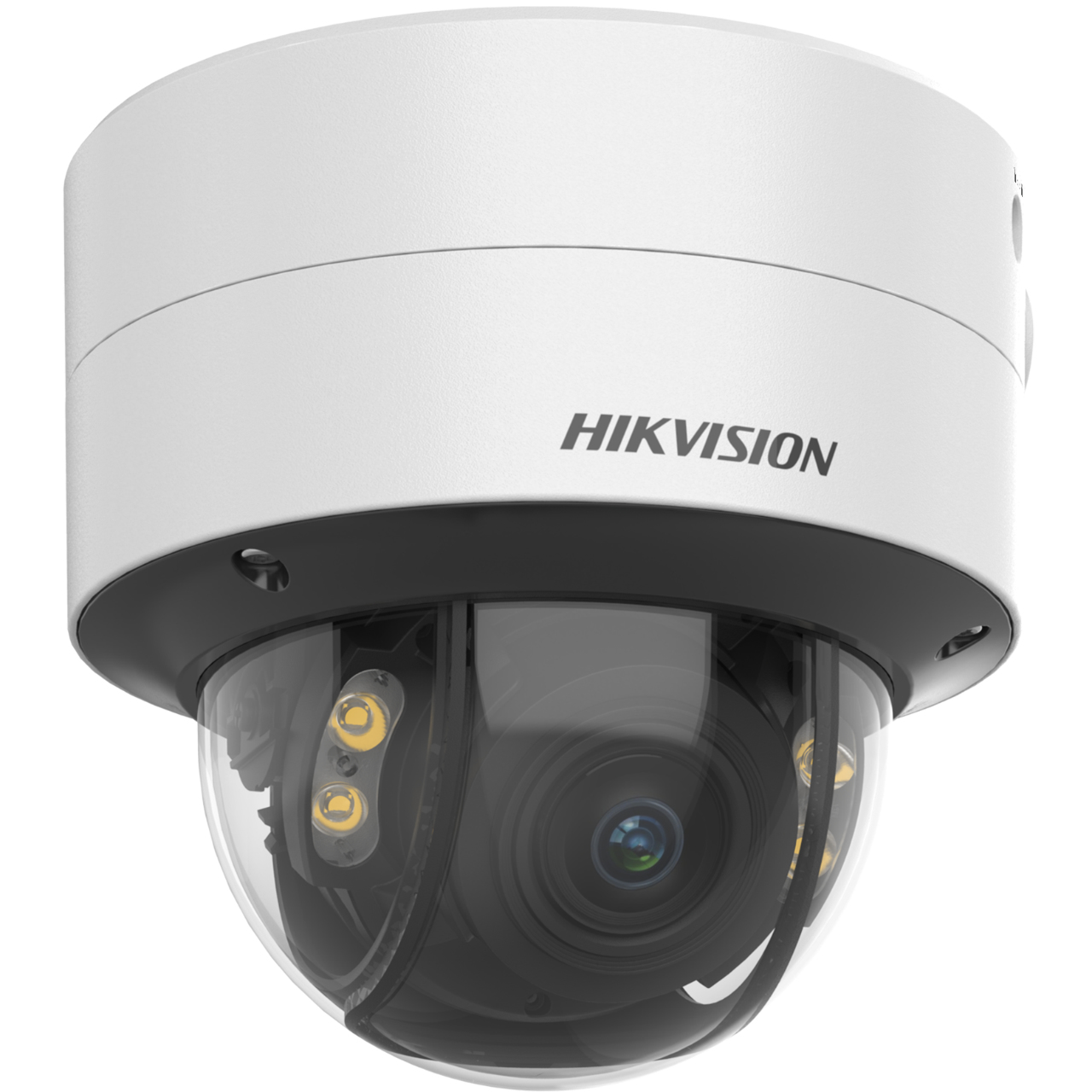 Witte dome-beveiligingscamera met een heldere lens en het Hikvision-logo.