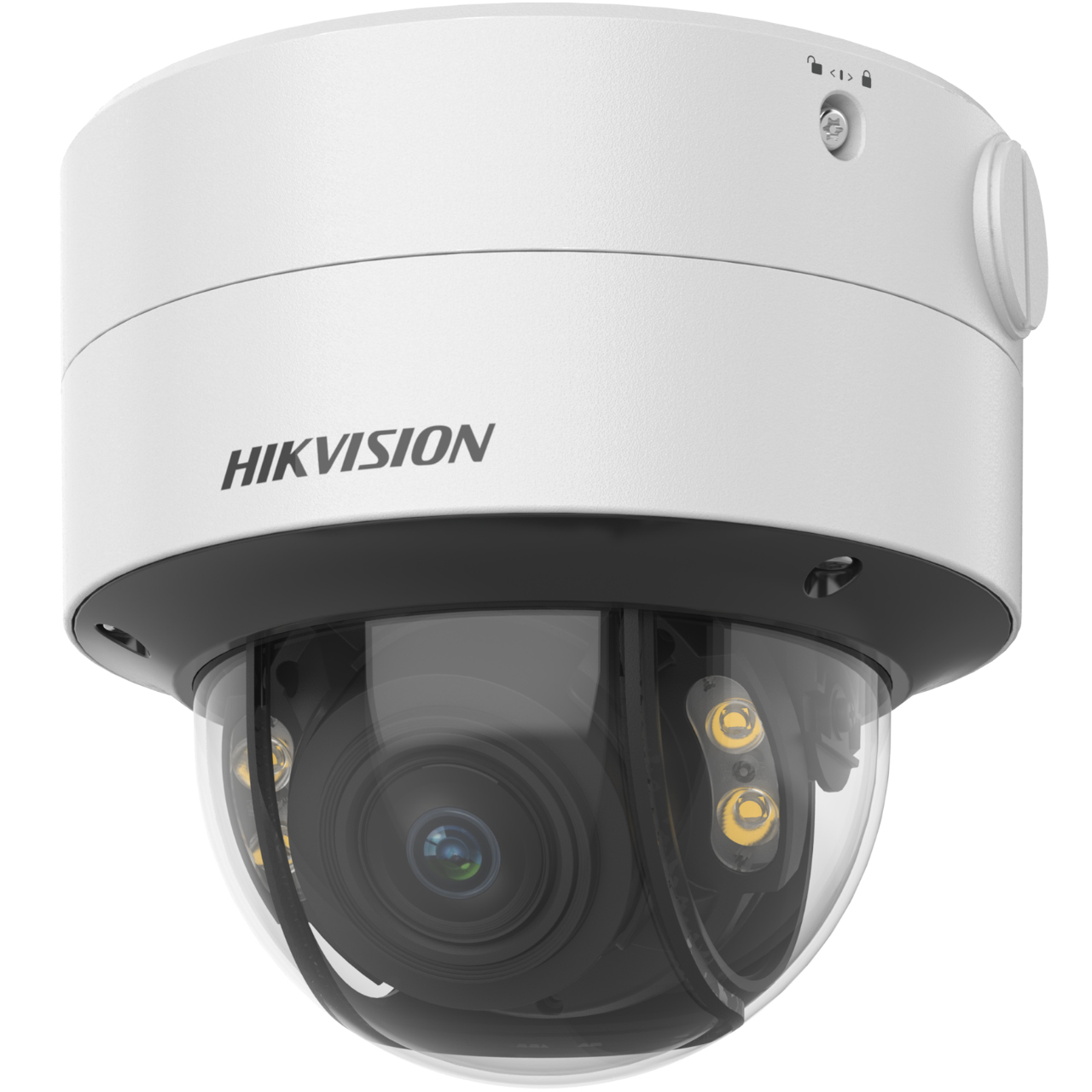 Witte dome-beveiligingscamera met zwarte details en een transparante koepel. Het HIKVISION-logo is zichtbaar.