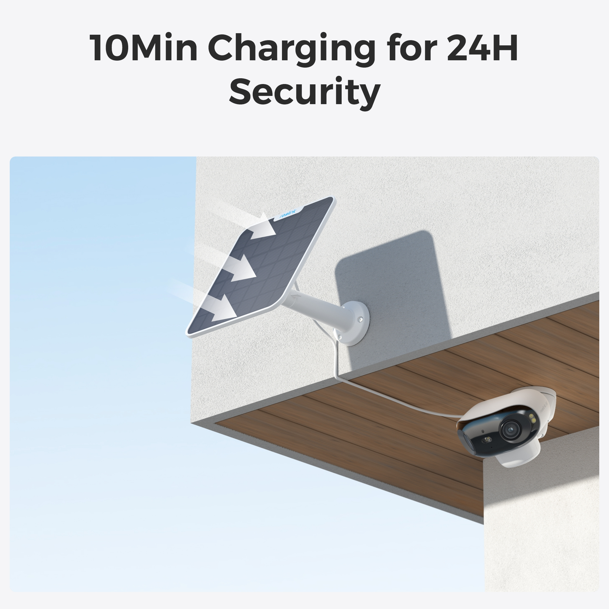 Kamera bezpieczeństwa jest zasilana przez panel słoneczny. Obraz przedstawia konfigurację ładowania na ścianie.