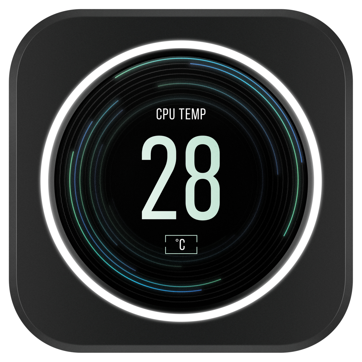 Una pantalla digital circular que muestra la temperatura de la CPU: 28°C. Está en un marco negro.