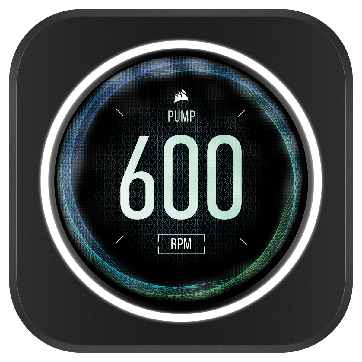 Una pantalla circular que muestra las RPM de la bomba a 600. Tiene un marco negro y un borde resaltado.