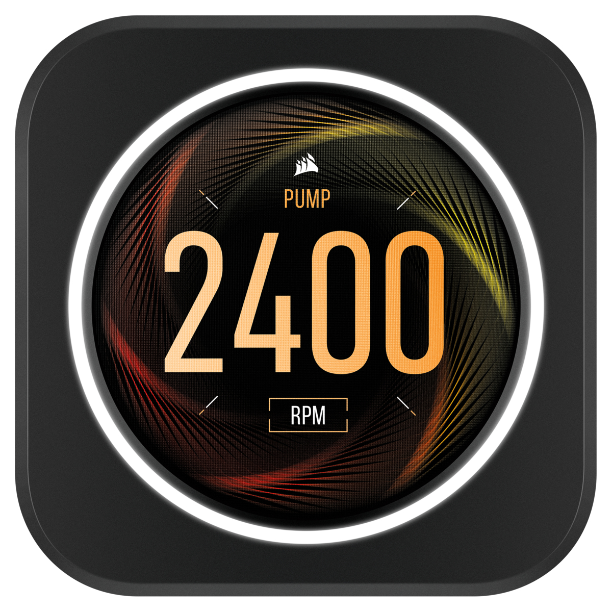 Pantalla digital redonda muestra '2400 RPM' con un patrón colorido en forma de abanico.