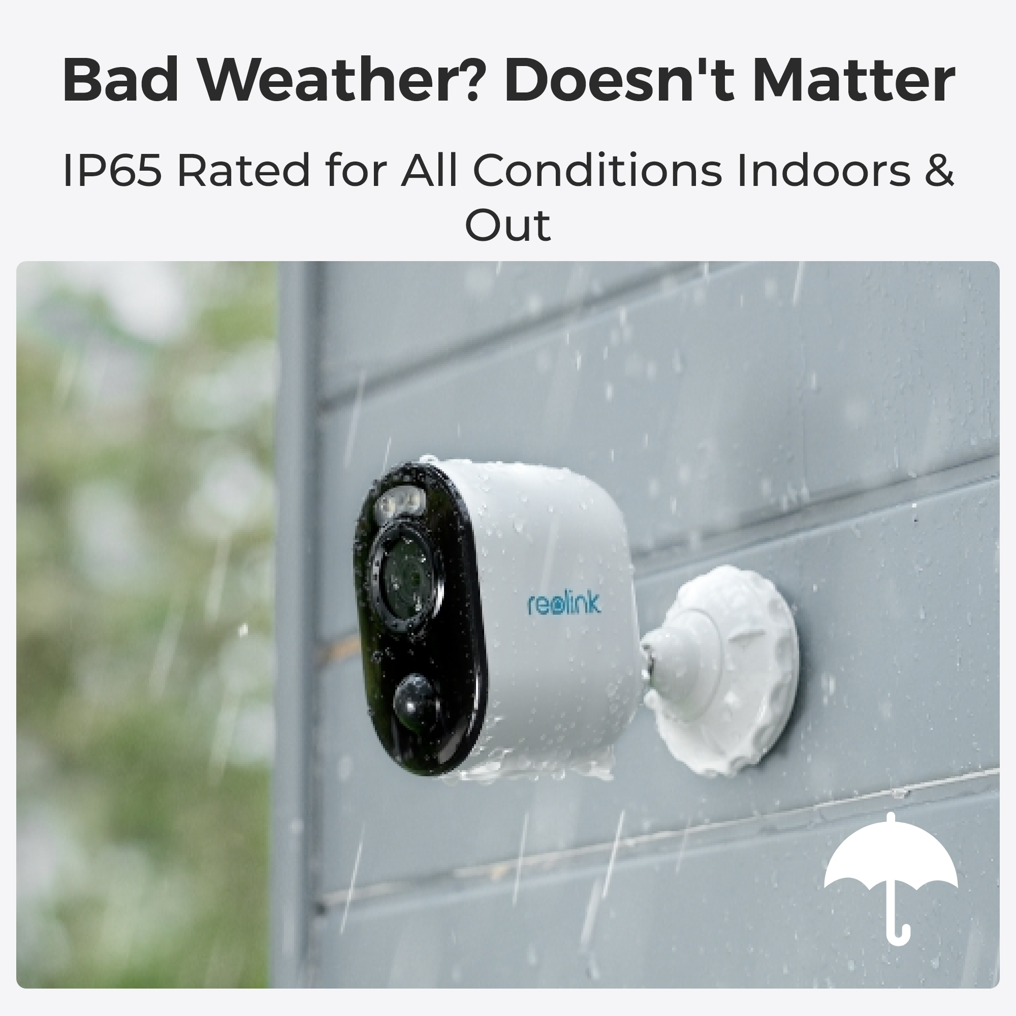 Biała kamera bezpieczeństwa na szarej ścianie z kroplami deszczu. Ikona parasola jest widoczna.