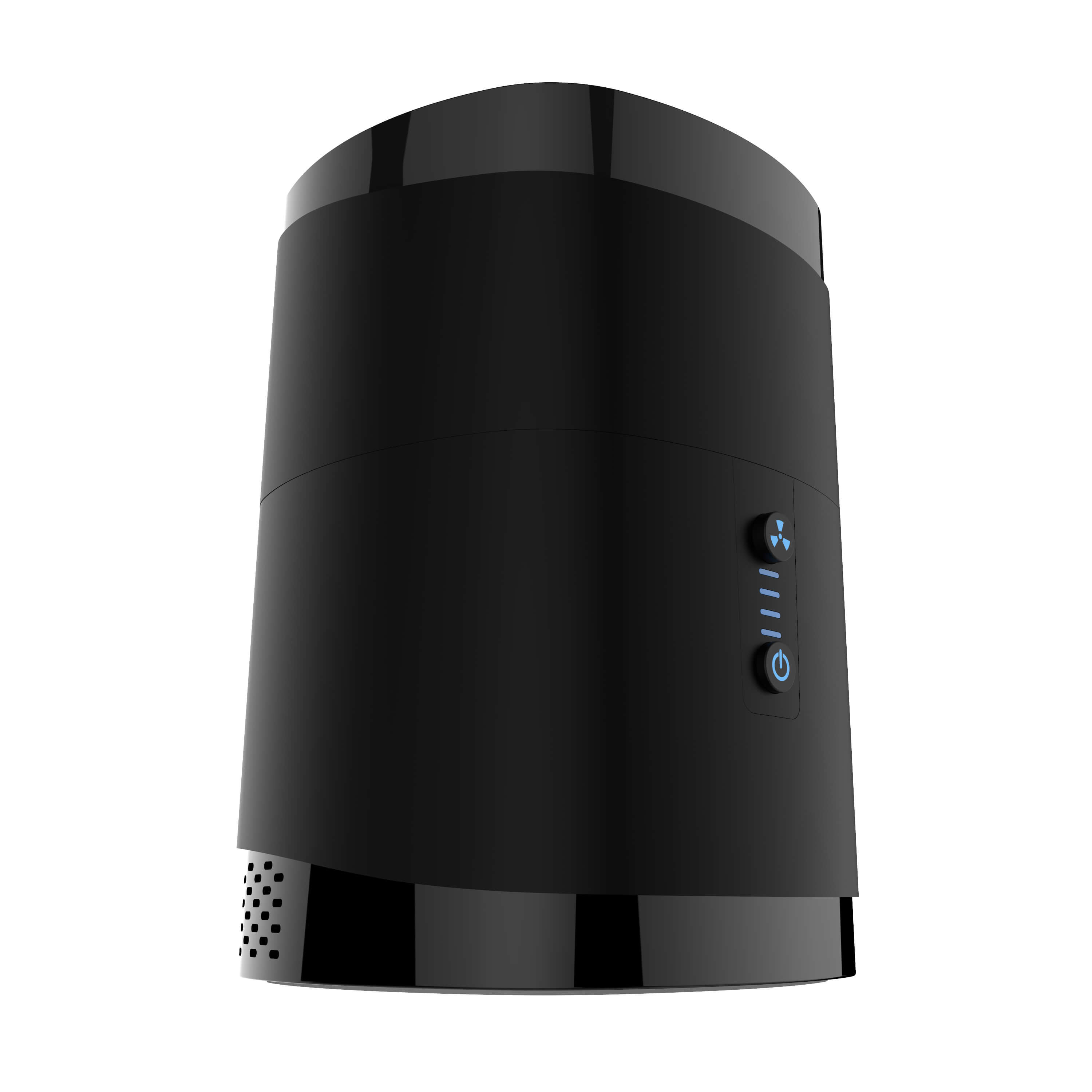 Schwarze externe Festplatte mit zylindrischem Design und blauen Kontrollleuchten.