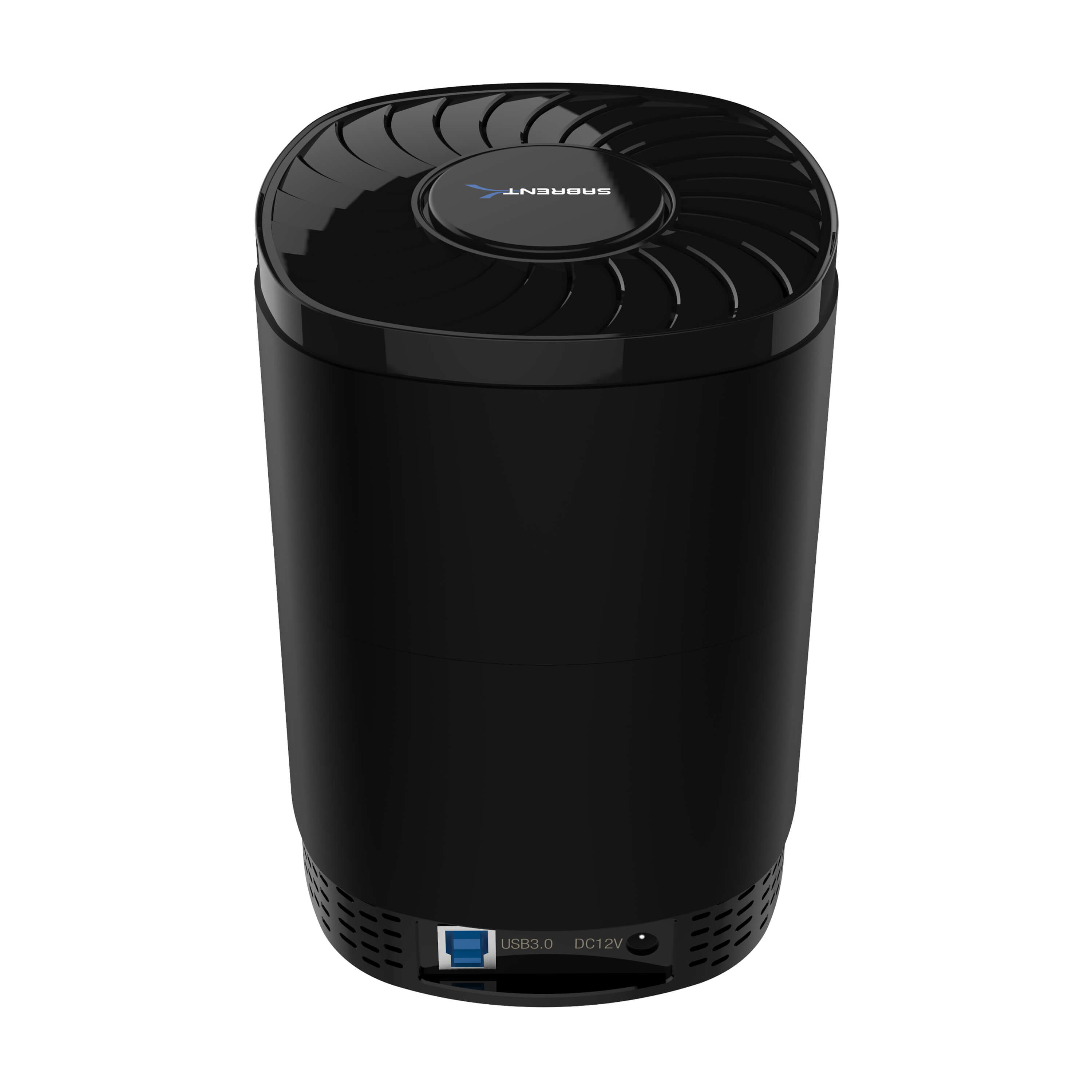 Schwarze externe Festplatte von Sabrent. Zylindrisches Design mit USB 3.0 und DC12V-Anschlüssen.